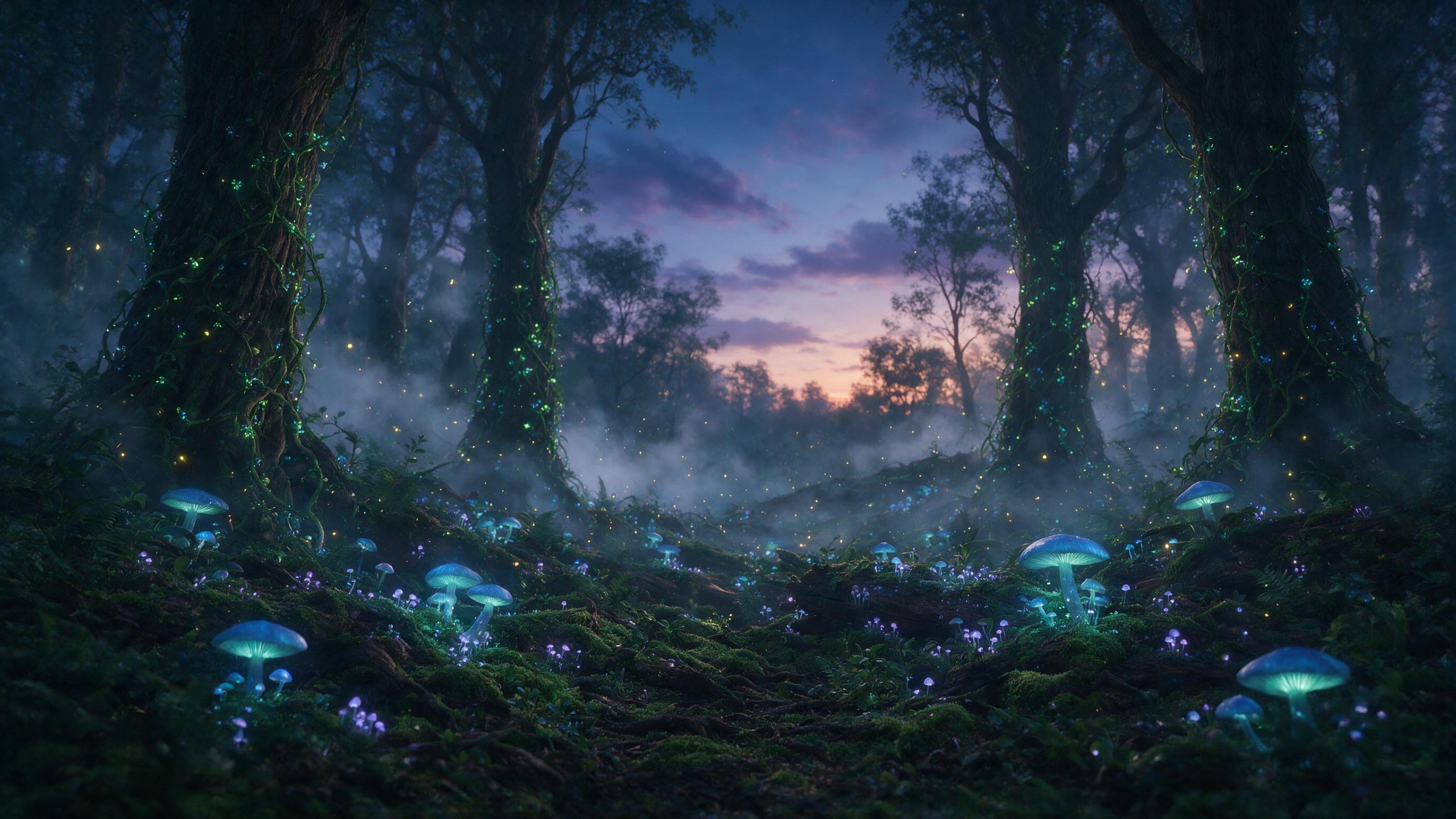 A luminous fungal forest at twilight, bioluminescent mushrooms casting soft blue and purple light onto mossy ground, ancient gnarled trees wrapped in glowing vines, mist swirling between trunks, fireflies drifting like tiny stars, ethereal atmosphere, soft focus, depth of field, natural lighting, ci