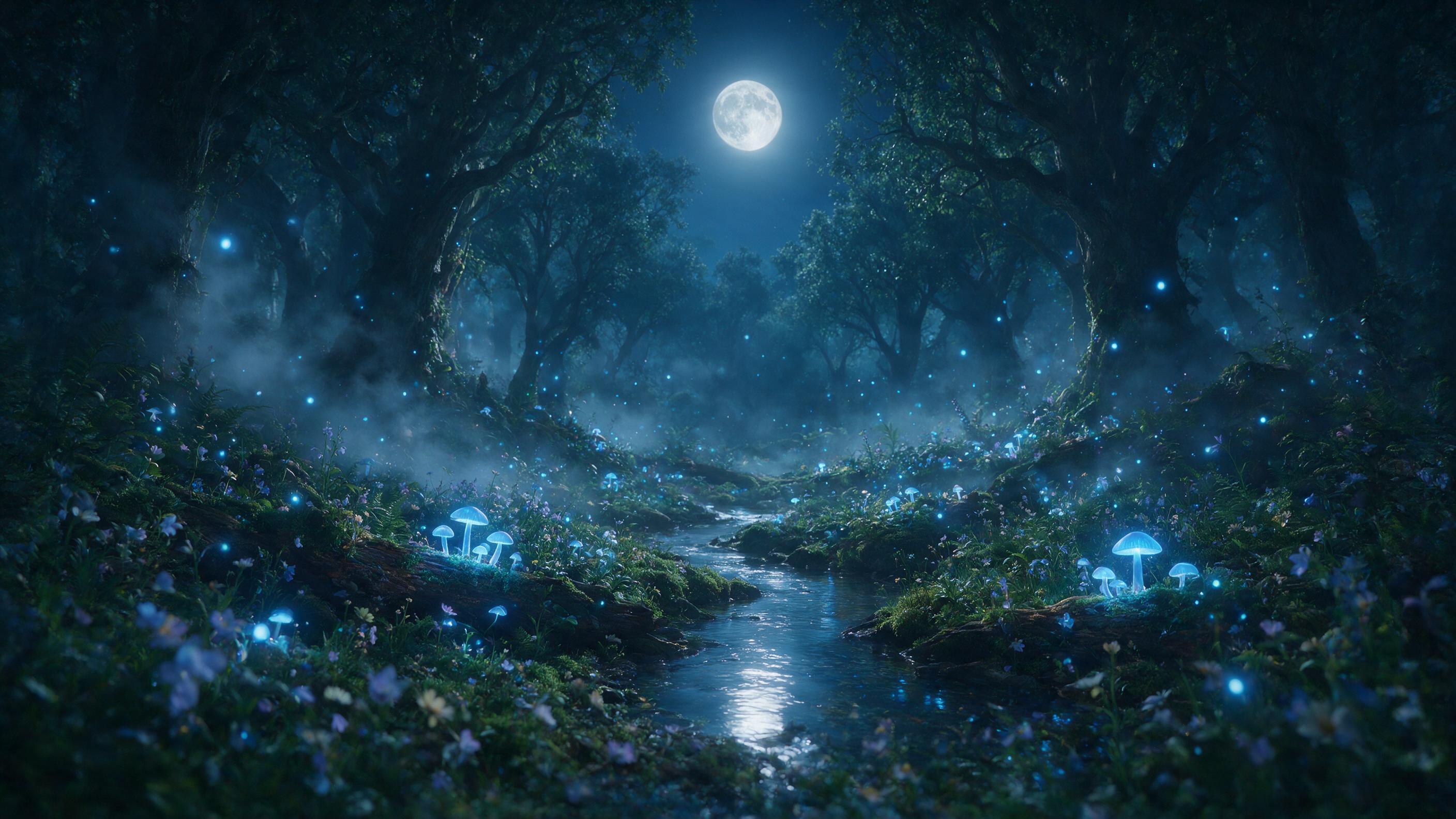 A moonlit forest clearing with bioluminescent mushrooms and floating blue light orbs, a gentle stream reflecting the silver moon, soft mist between ancient trees, dreamy ethereal atmosphere, shallow depth of field, natural lighting with blue and purple hues