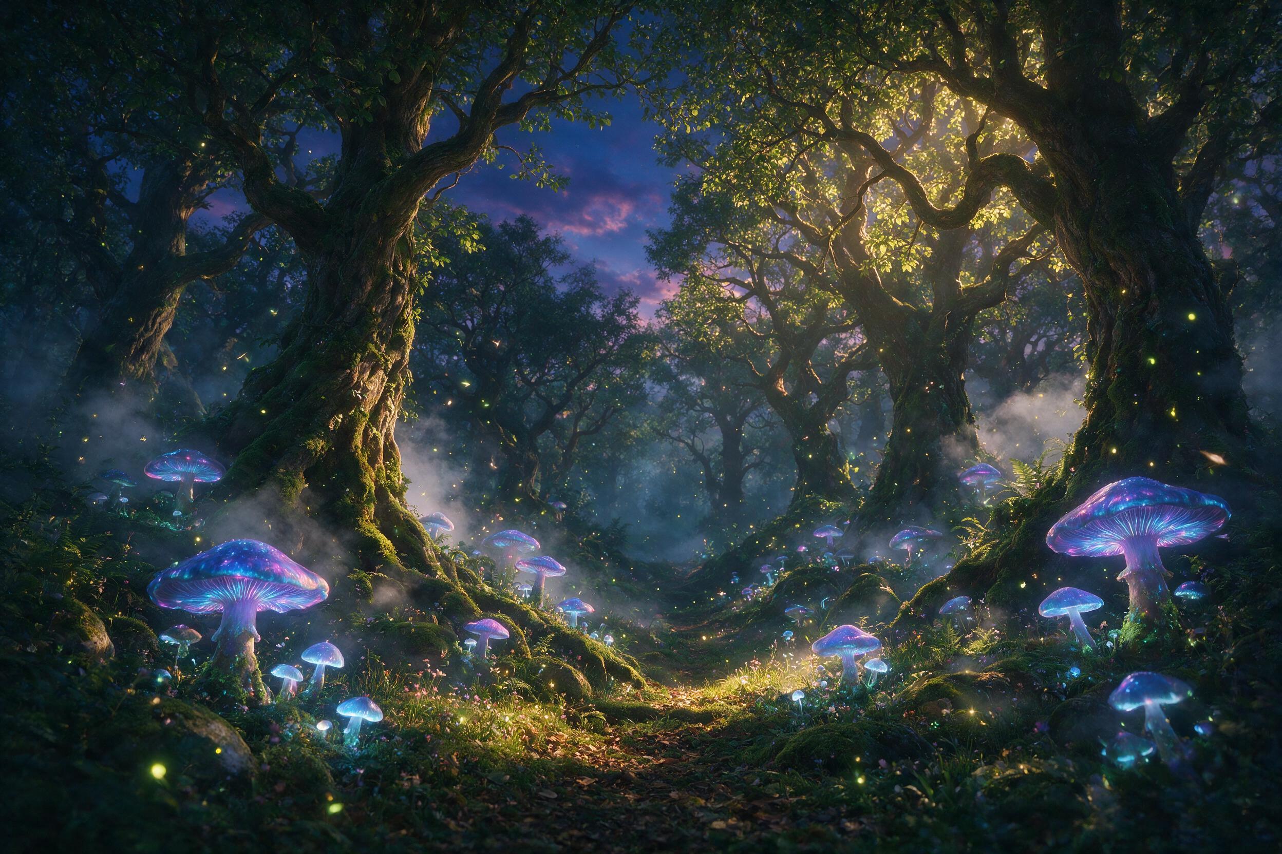An enchanted forest at twilight, giant glowing mushrooms with bioluminescent blue and purple hues, mist swirling around ancient tree roots, fireflies dancing in the air, soft golden light filtering through the canopy, a sense of mystery and tranquility