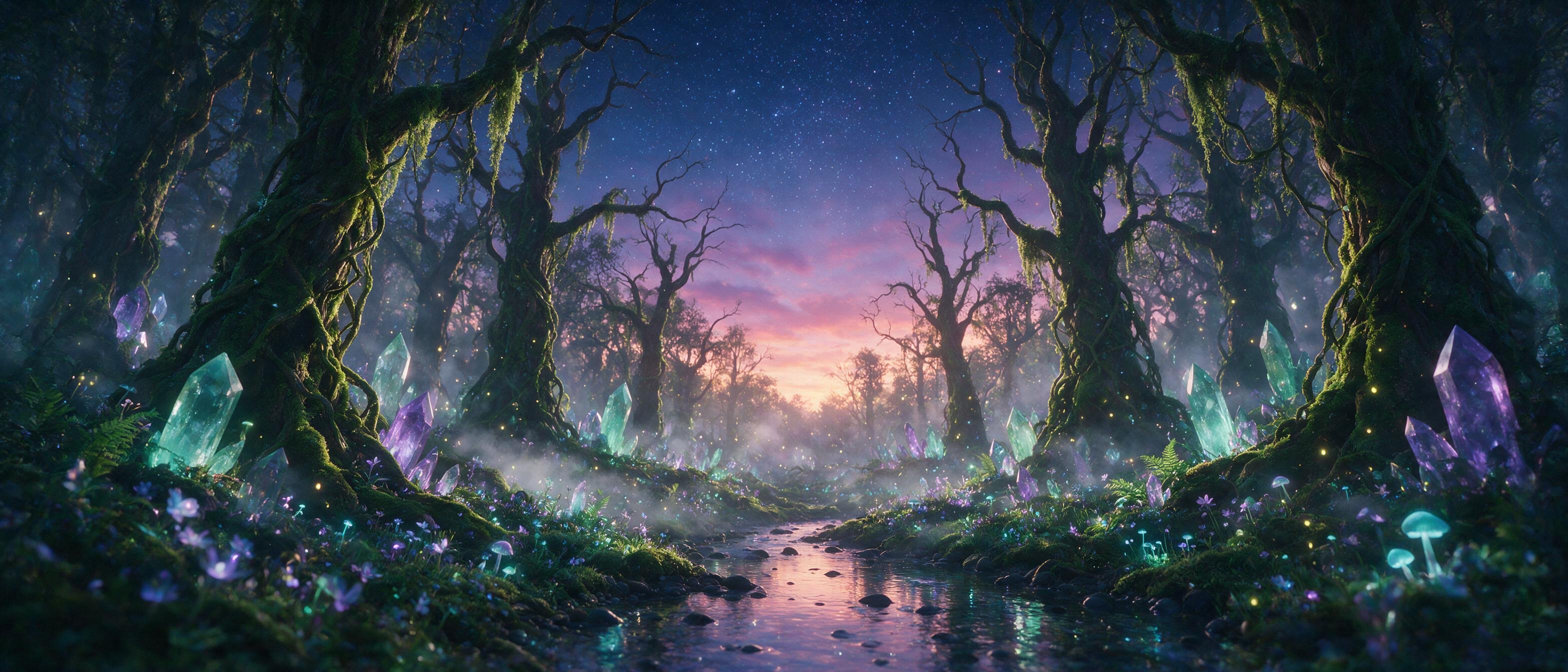 A glowing crystal forest at twilight, bioluminescent plants casting soft teal and violet light, a small stream reflecting the stars, mist weaving between ancient mossy trees, fireflies drifting in the air, cinematic composition with a low angle view, ethereal atmosphere, gentle volumetric light