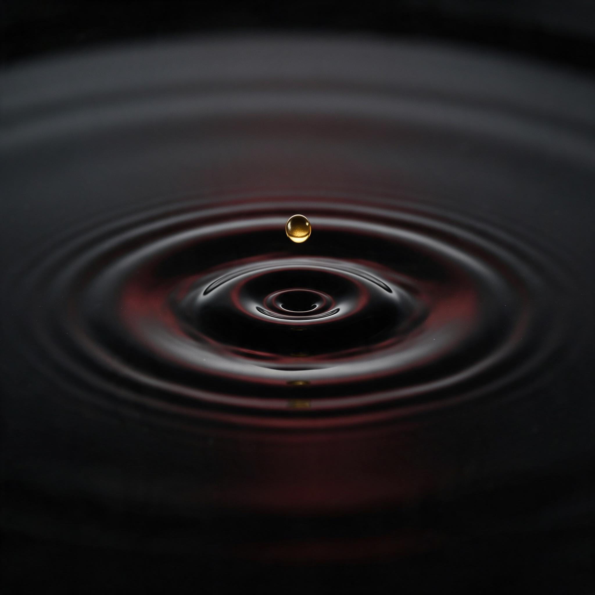 A single drop of liquid gold falling into a still black pool, creating a perfect circular ripple, the surface reflects a muted red glow from an unseen source, macro photography, selective focus on the impact point, deep shadows, high contrast, minimal composition