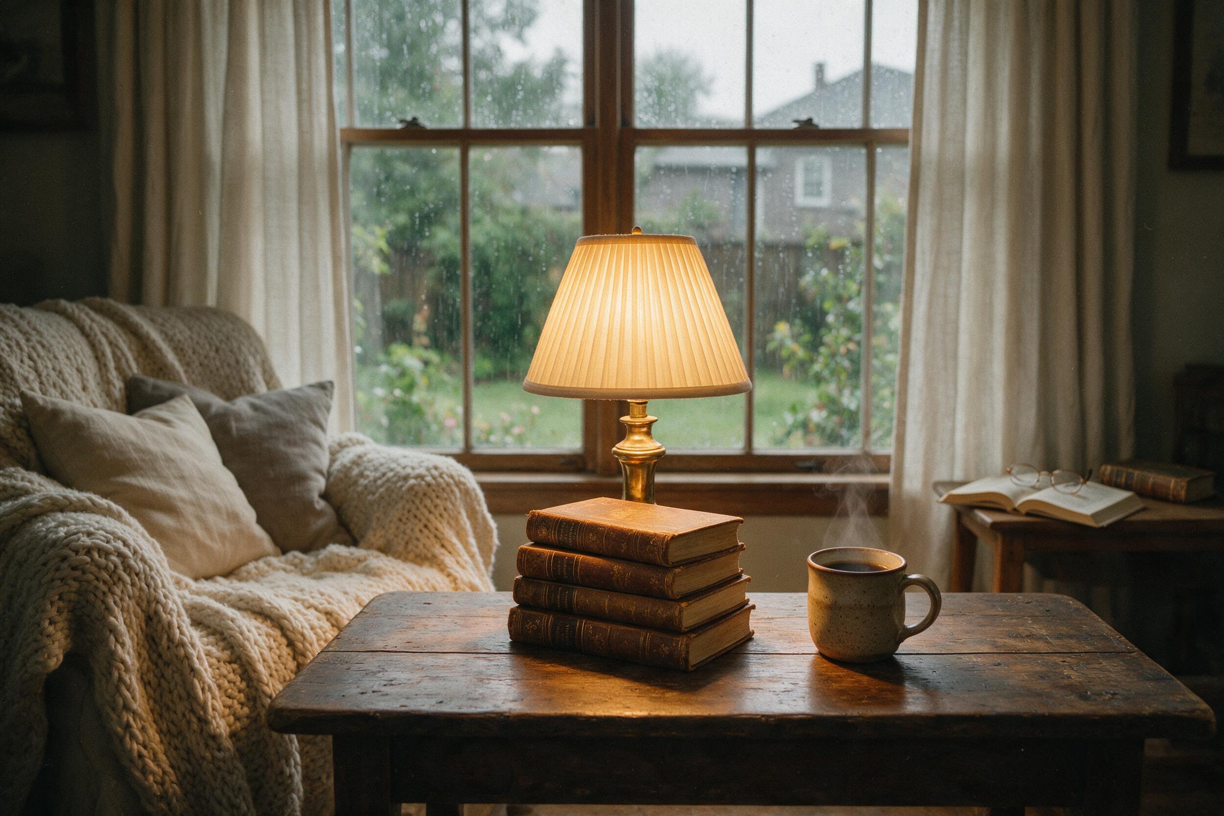 A cozy reading nook by a rain-streaked window, warm amber lamp light on a stack of vintage books, steam rising from a ceramic mug of coffee, soft-focused background, slight grain, natural overcast lighting, composition centered on the lamp and books