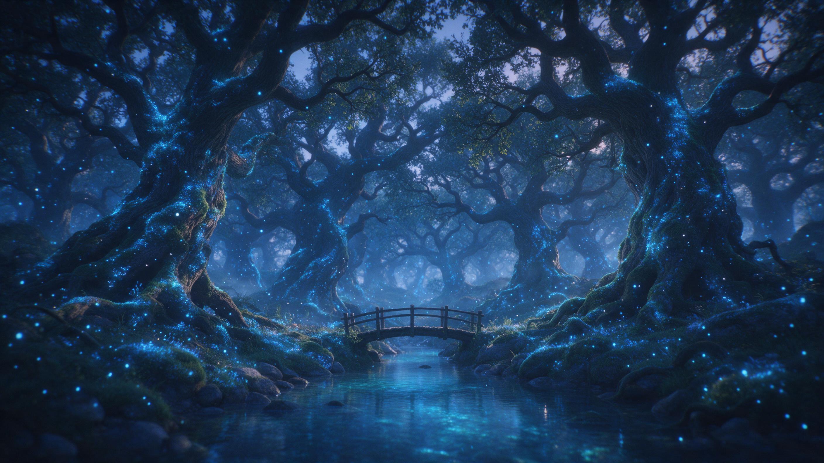 A glowing ancient forest at twilight, massive twisted oaks with bioluminescent blue moss, floating luminous spores, a small wooden bridge over a crystal-clear stream reflecting the mystical light, subtle mist between trees, ethereal atmosphere, captured with a slight soft focus and gentle grain