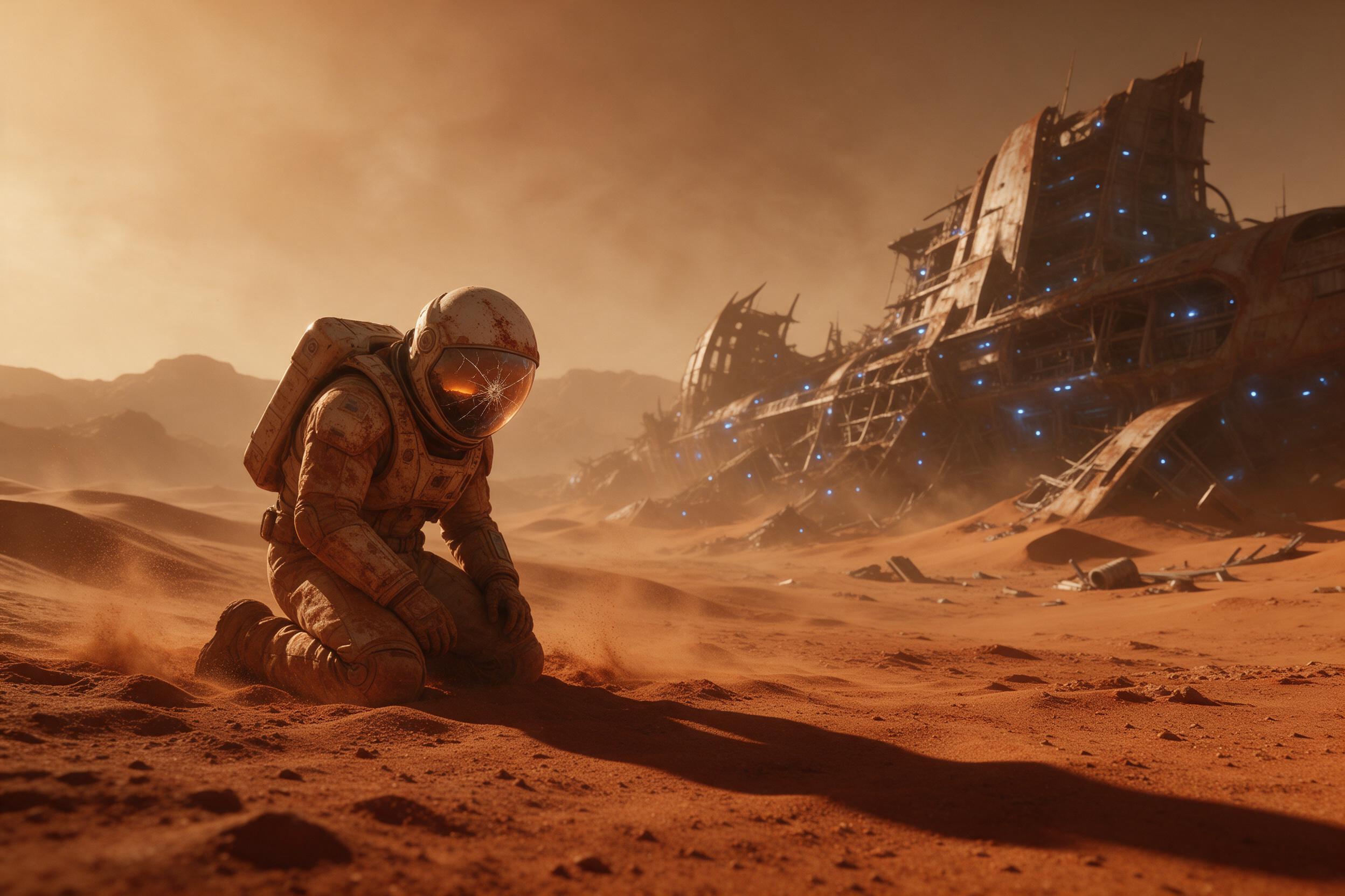 A stranded astronaut kneels in rust-red Martian dust, their cracked visor reflecting a dying orange sun. In the distance, a colossal derelict spacecraft half-buried in sand, its skeletal hull glowing with faint blue emergency lights. Harsh low-angle light casts long shadows, dust particles suspended