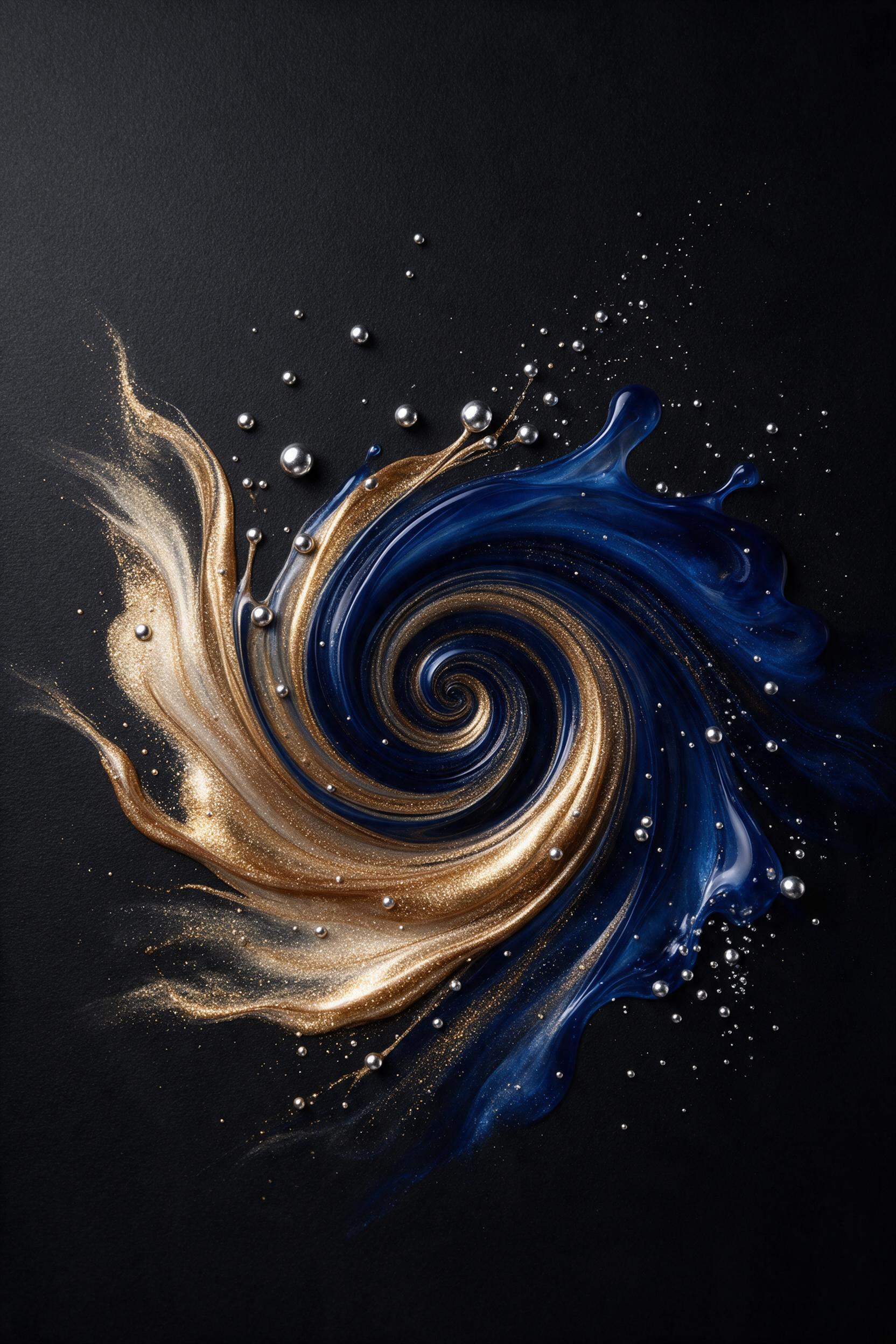Liquid gold and deep sapphire ink swirl into a surreal spiral on matte black canvas, with fine silver droplets suspended mid-motion, soft studio light from the left creates subtle reflections, smooth gradient transitions, high contrast, minimalist composition