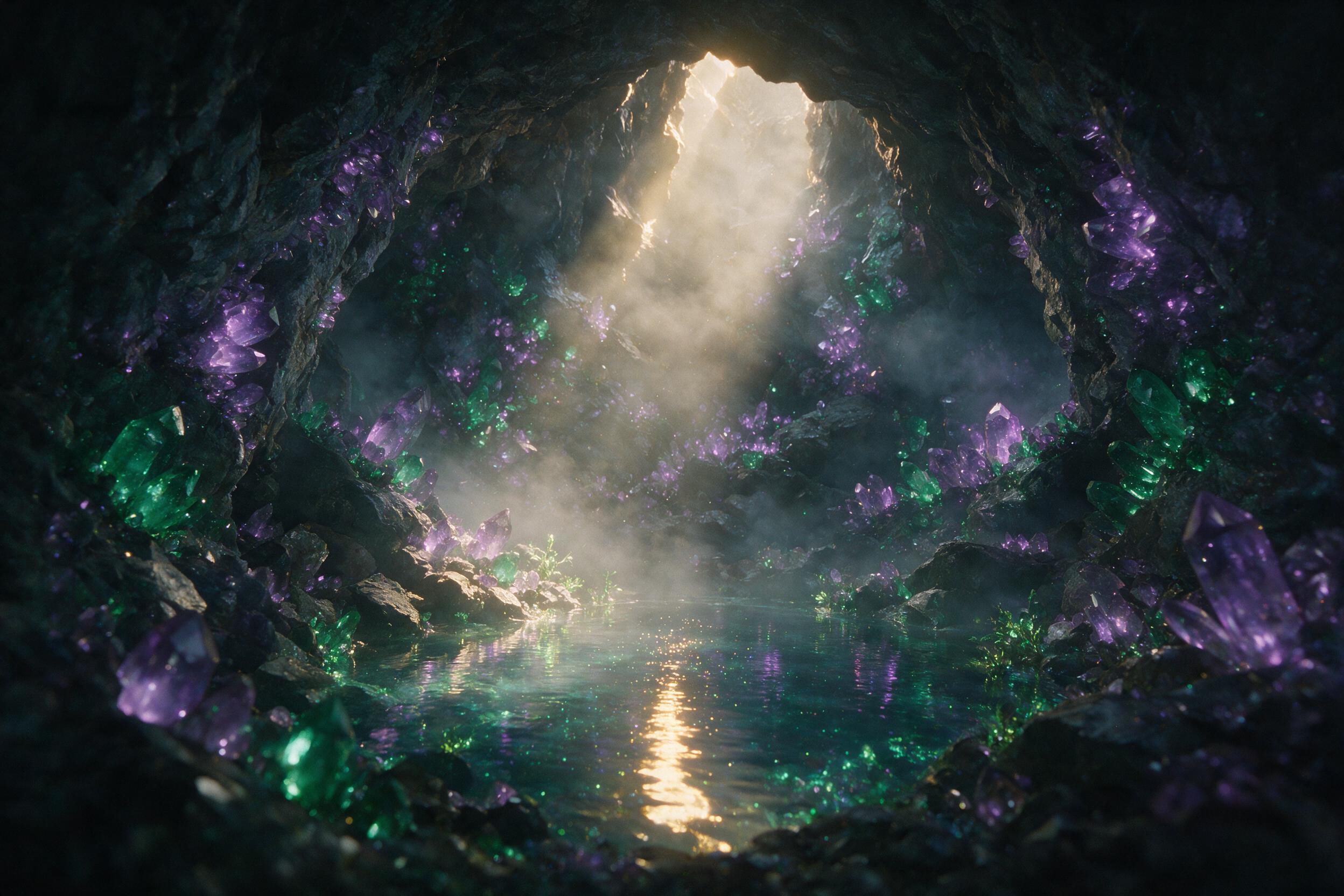 A luminous crystal cave deep underground, veins of glowing amethyst and emerald light up the rocky walls, a small pool of shimmering water reflects the bioluminescent glow, foggy atmosphere, cinematic composition with a narrow beam of light from above, slight grain and soft edges.