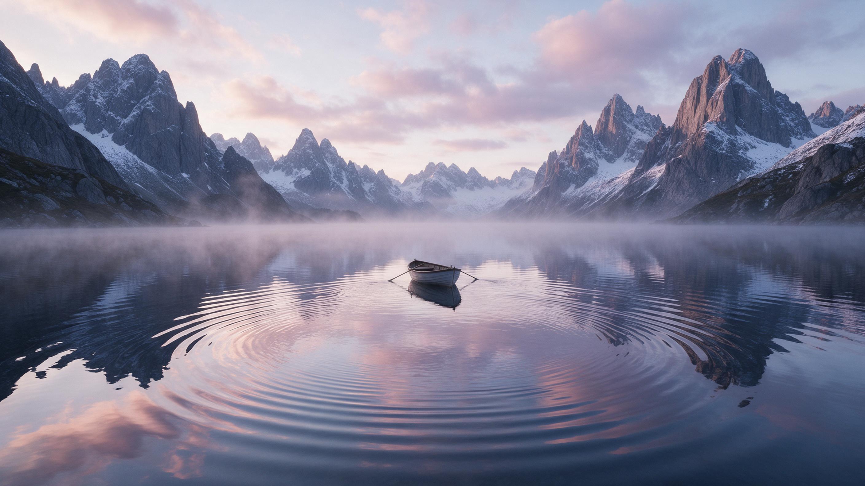 A misty alpine lake at dawn, surrounded by jagged granite peaks dusted with fresh snow. A lone rowboat drifts on the glassy, mirror-like water reflecting soft pink and lavender clouds. Gentle steam rises from the surface in the crisp morning air. Composition centered on boat, leading lines from ripp