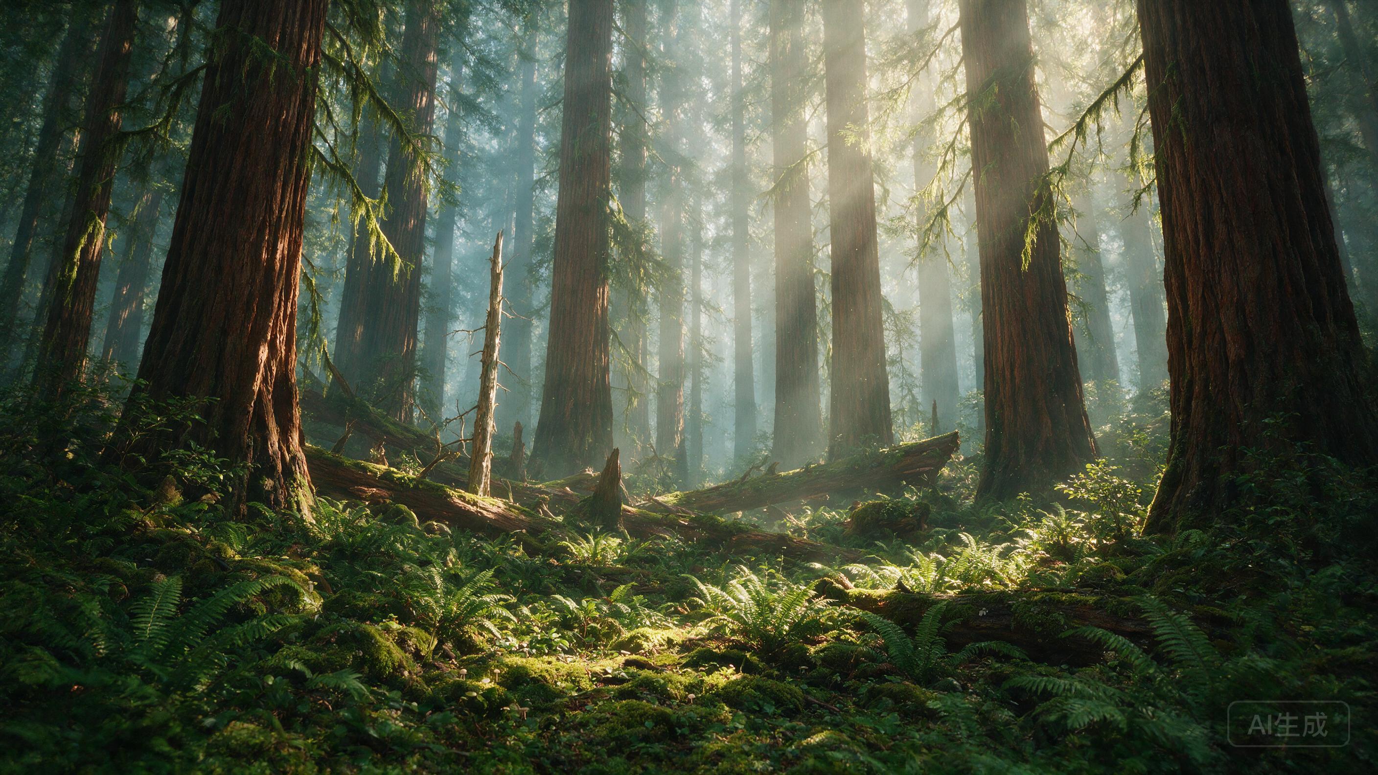 Misty ancient forest with towering redwoods, rays of light breaking through the canopy, ferns and moss covering the ground