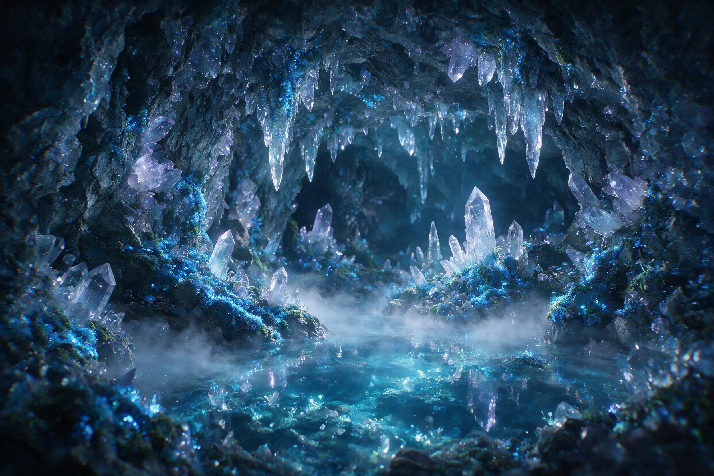 A luminous crystal cave deep underground, bioluminescent blue moss clinging to jagged stalactites, a glowing ethereal pool reflecting faint light, soft mist swirling, gentle shadows, dreamlike atmosphere, slight chromatic aberration, natural lighting from crystals