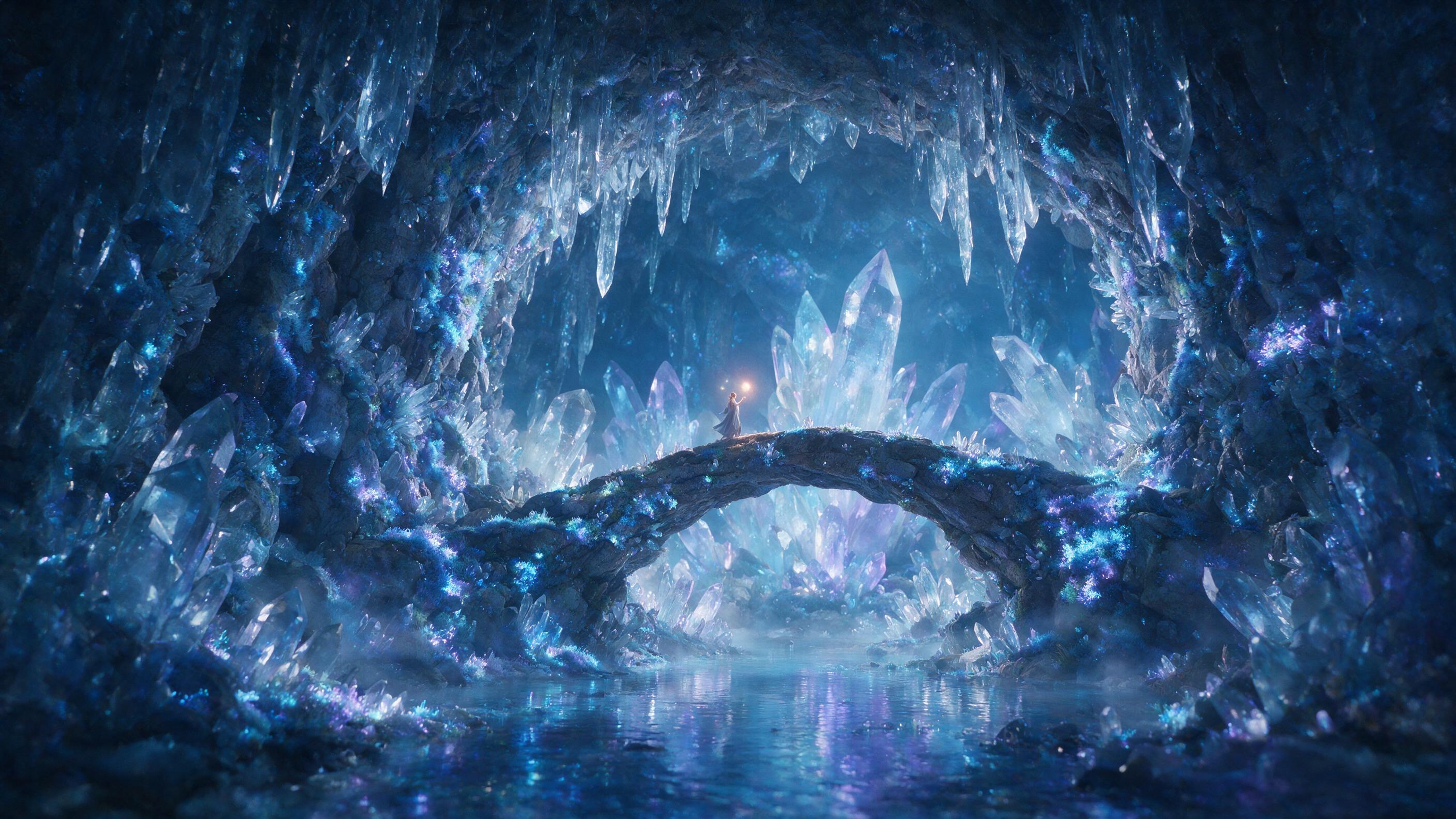 A luminous crystal cave deep underground, bioluminescent moss clinging to jagged quartz walls, a lone figure in a flowing robe stands on a natural stone bridge, soft blue and purple light reflecting off a shallow pool below, slight mist rising, warm glowing orb floating above the figure's hand, natu
