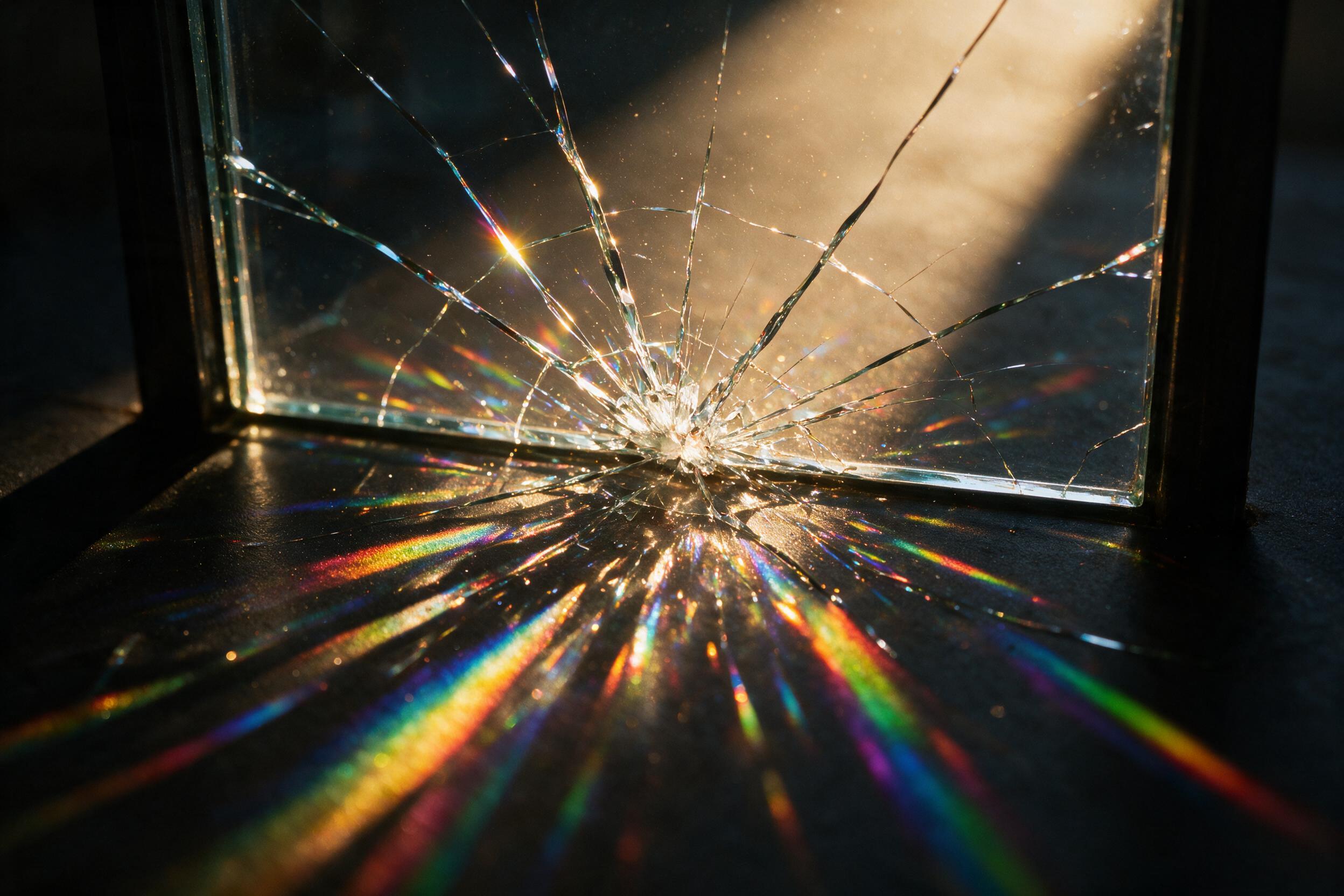 Close-up of a shattered pane of glass, geometric cracks radiating outward, refracted light casting prismatic rainbows on a matte black surface, subtle dust motes suspended in the air, deep shadows, sharp focus on the central fracture.
