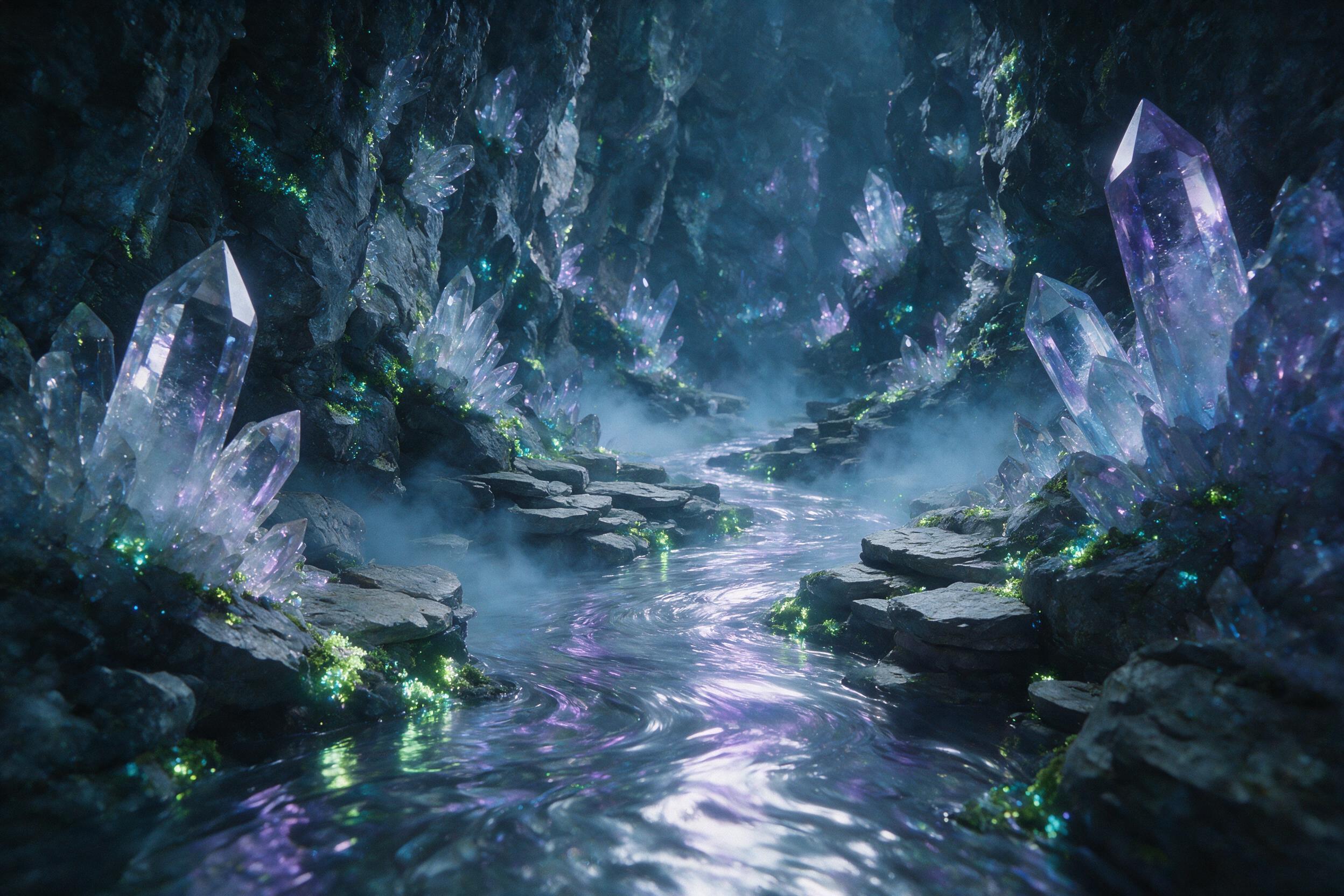A luminous crystal cave deep underground, glowing bioluminescent moss on jagged walls, a small stream of liquid silver flowing through the center, soft purple and blue light refracting through transparent crystals, mist rising from the water, wide-angle composition with depth of field, slight grain,