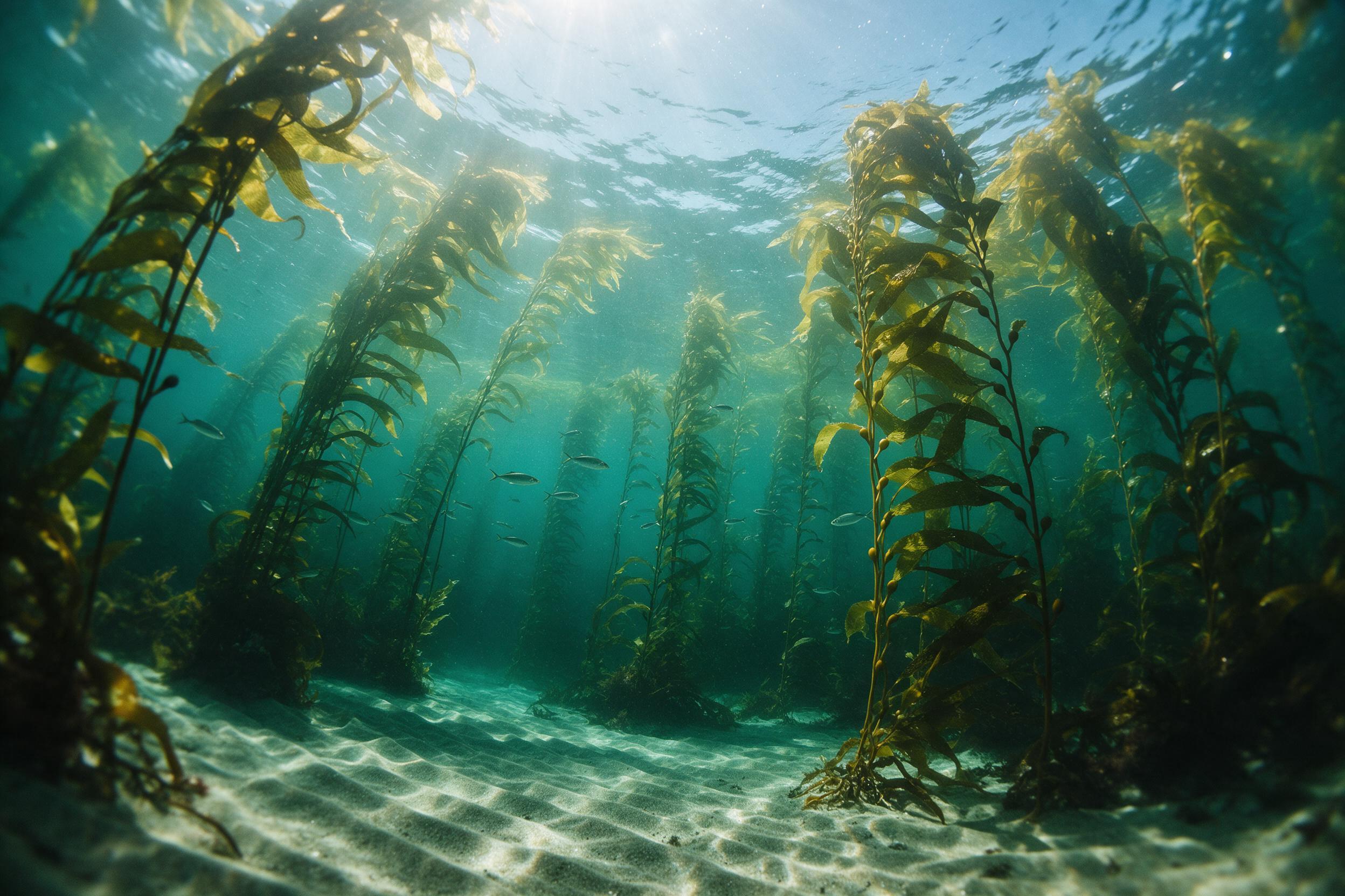 Sunlit kelp forest underwater, rays piercing turquoise surface, gentle current swaying tall fronds, small silver fish darting between trunks, sand ripples below, natural caustic light patterns, shot with wide-angle lens, slightly soft focus on edges, subtle green-blue tone grading