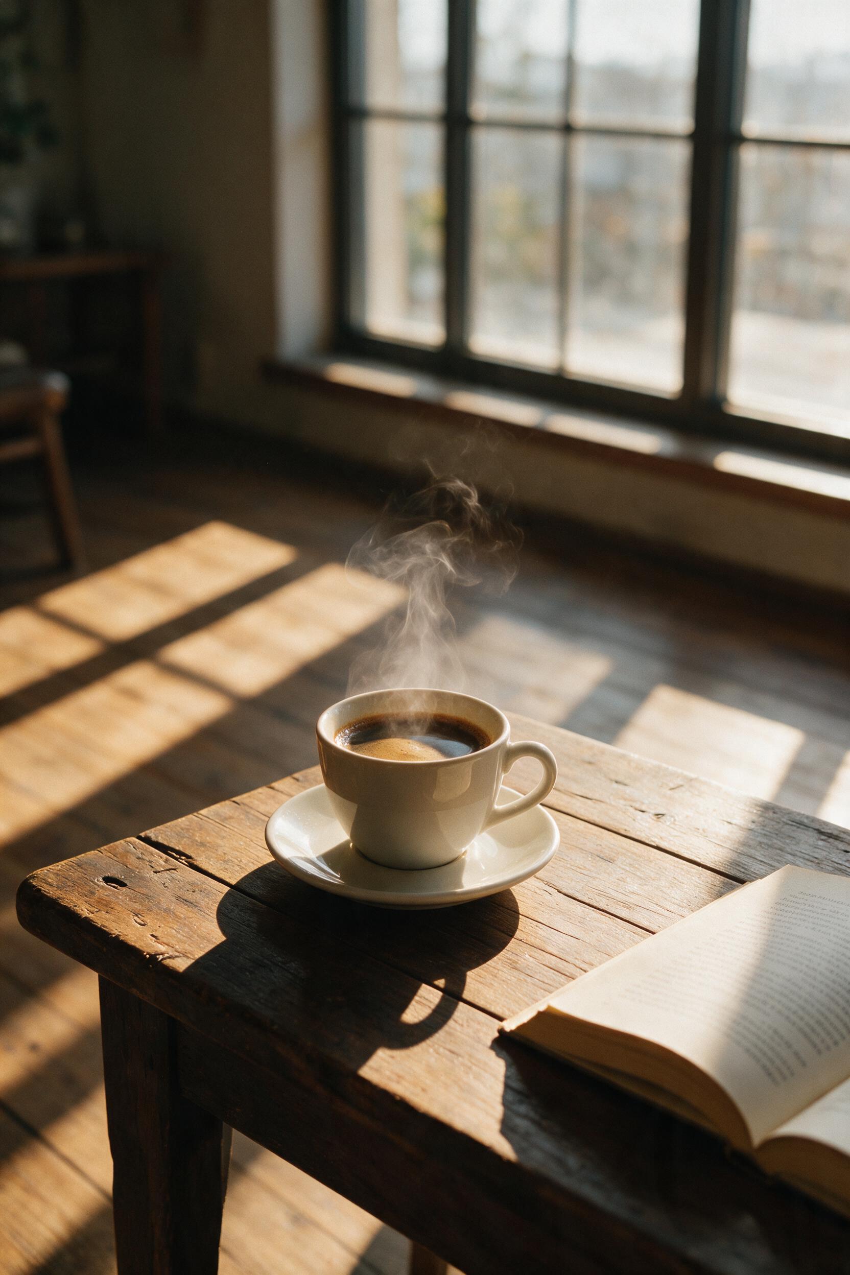 Warm afternoon sunlight streaming through a large window, casting long shadows across a wooden floor. A steaming cup of coffee sits on a rustic table, with a half-open book beside it. Slight grain, natural lighting, shallow depth of field, cozy atmosphere.
