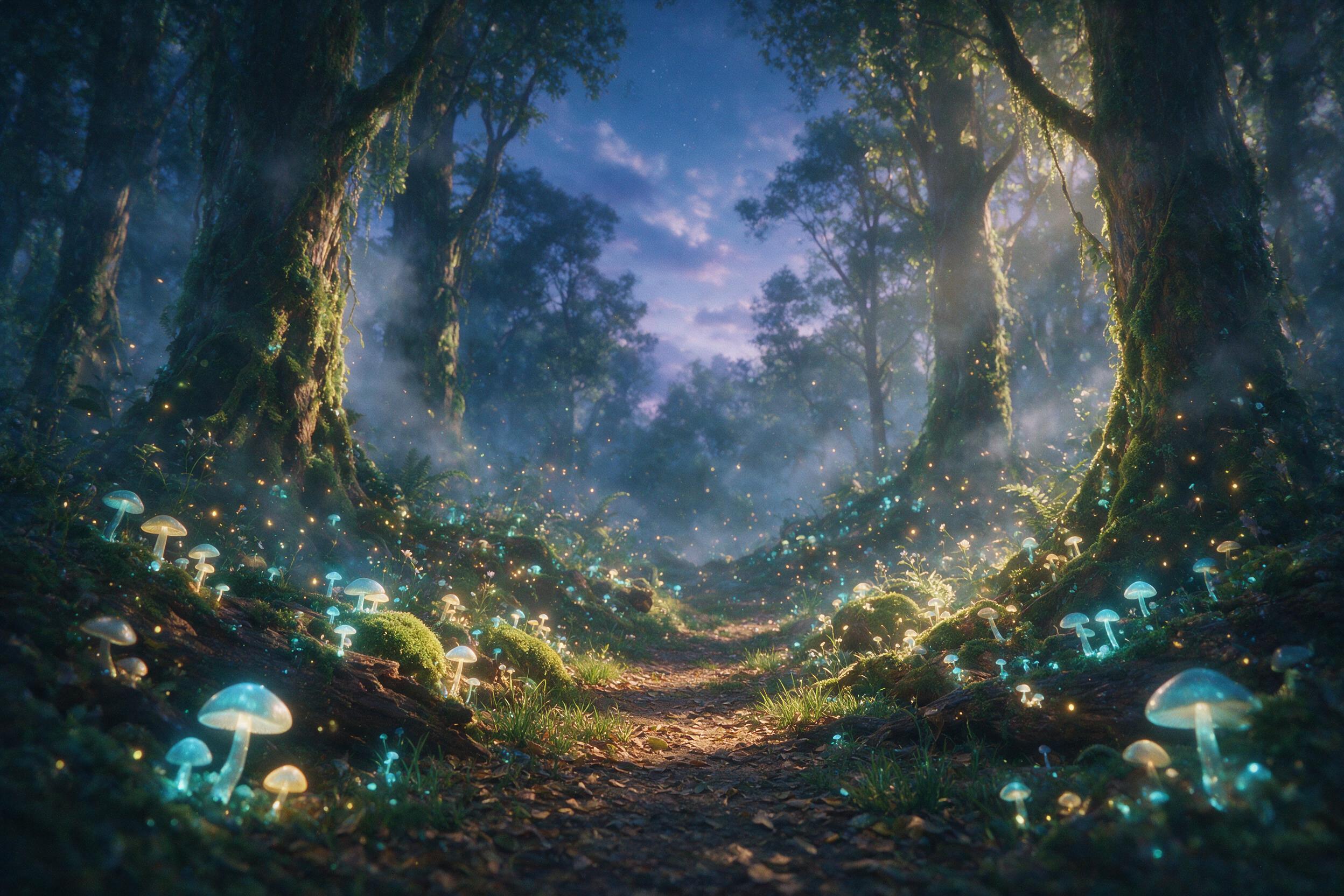 A glowing, ethereal forest at twilight, bioluminescent mushrooms and floating fireflies illuminating a winding path, mist swirling between ancient trees, soft golden light filtering through the canopy, dreamy atmosphere, shallow depth of field, subtle grain