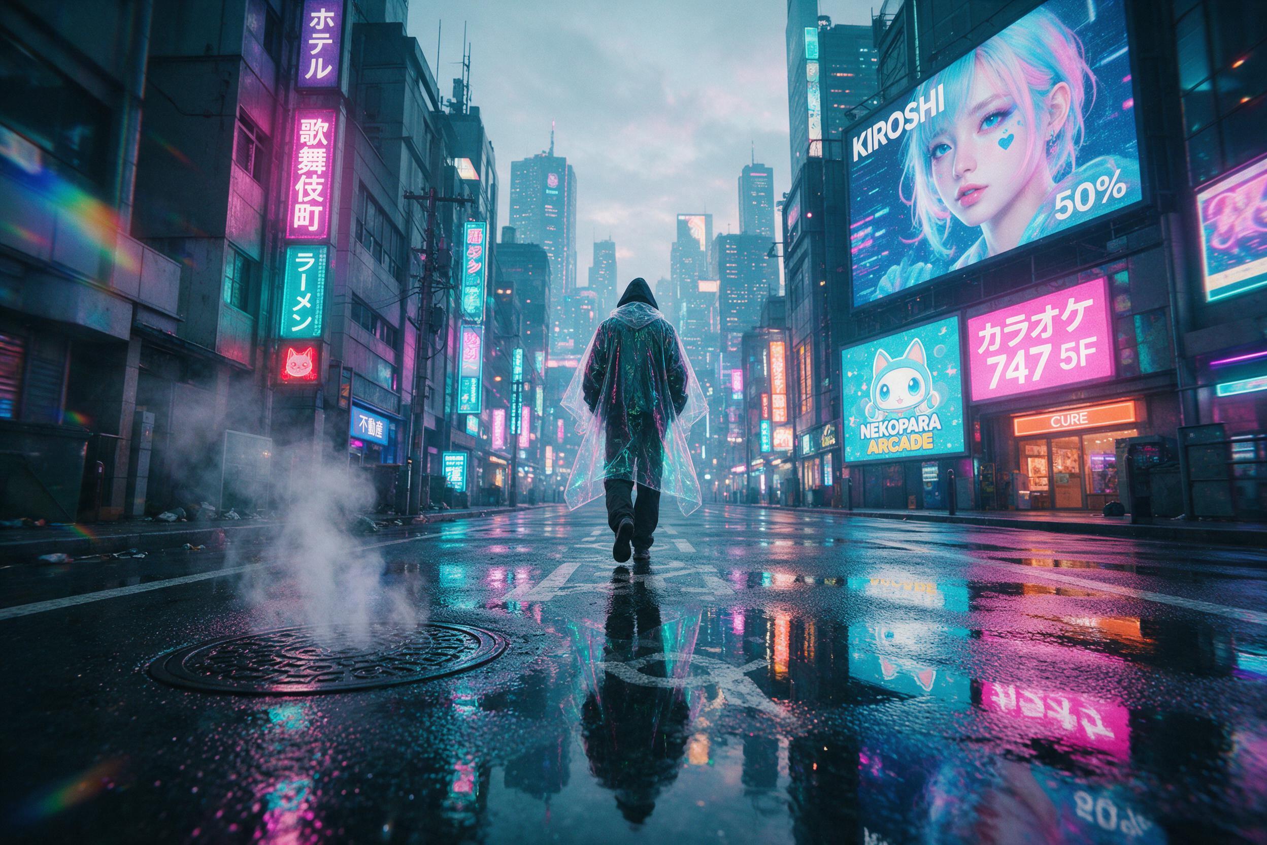 Neon-lit cyberpunk street after rain, reflections of holographic advertisements on wet asphalt, a lone figure in a translucent poncho walking away, steam rising from manhole covers, cinematic framing with a low-angle shot, cool teal and magenta tones, subtle lens flare
