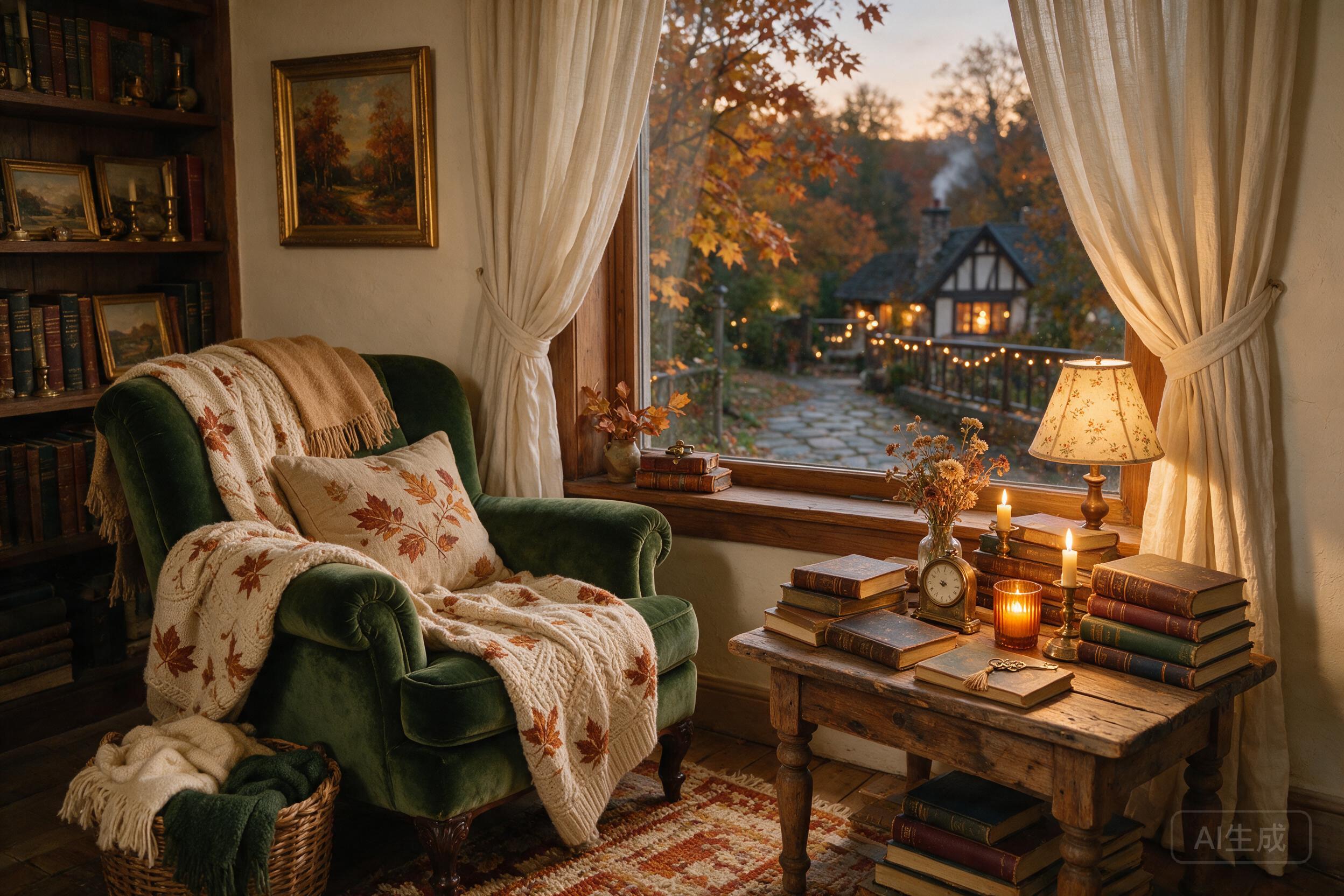 A cozy reading nook by a window, autumn leaves outside, warm candlelight, books stacked on a wooden table, vintage decor