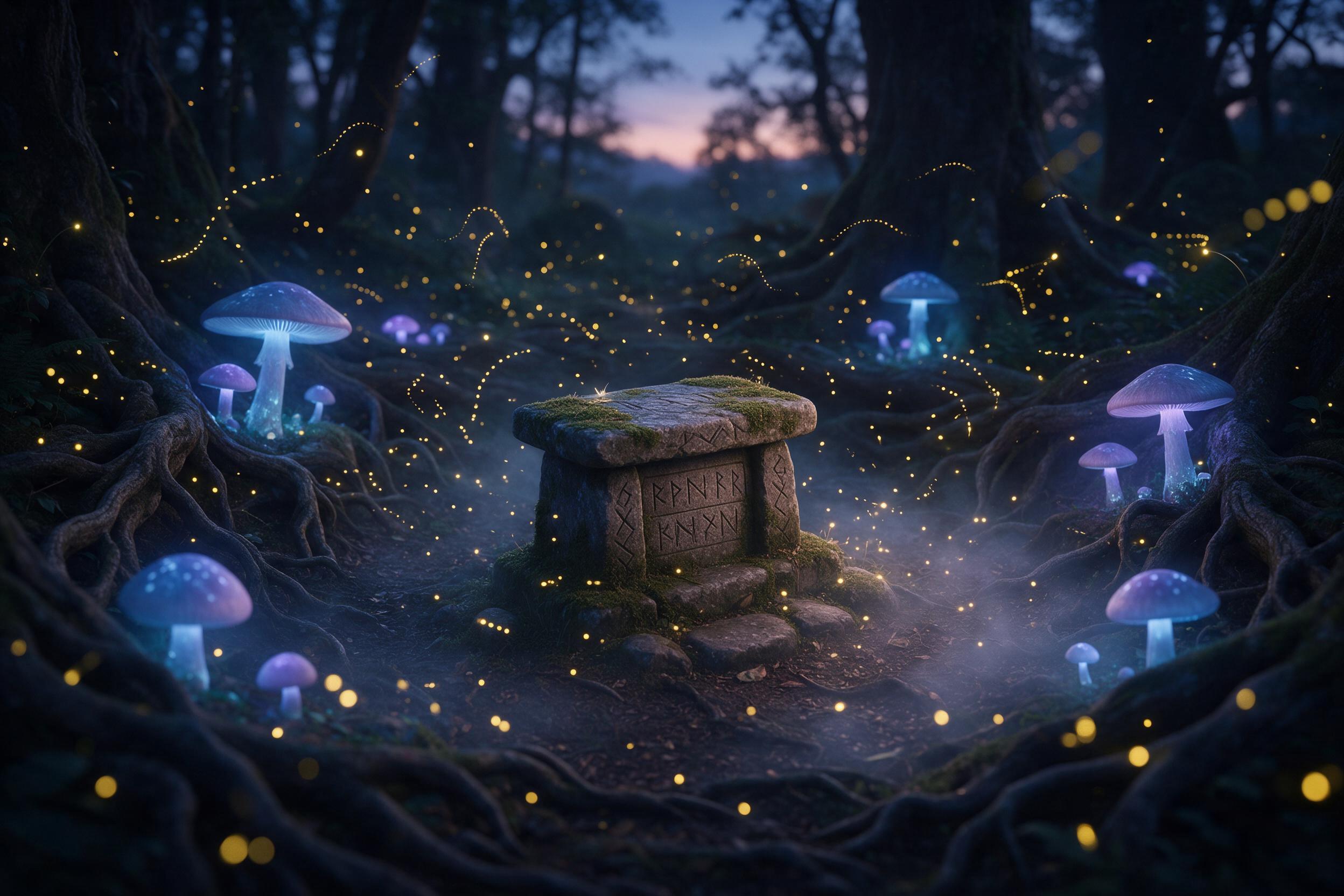 An ancient forest glade at twilight, where giant glowing mushrooms cast soft blue and purple light, fireflies swirl in golden trails, a small stone altar covered with moss and carved runes sits center, mist rises from the ground, tree roots twist like gnarled fingers, mysterious and serene, shallow 