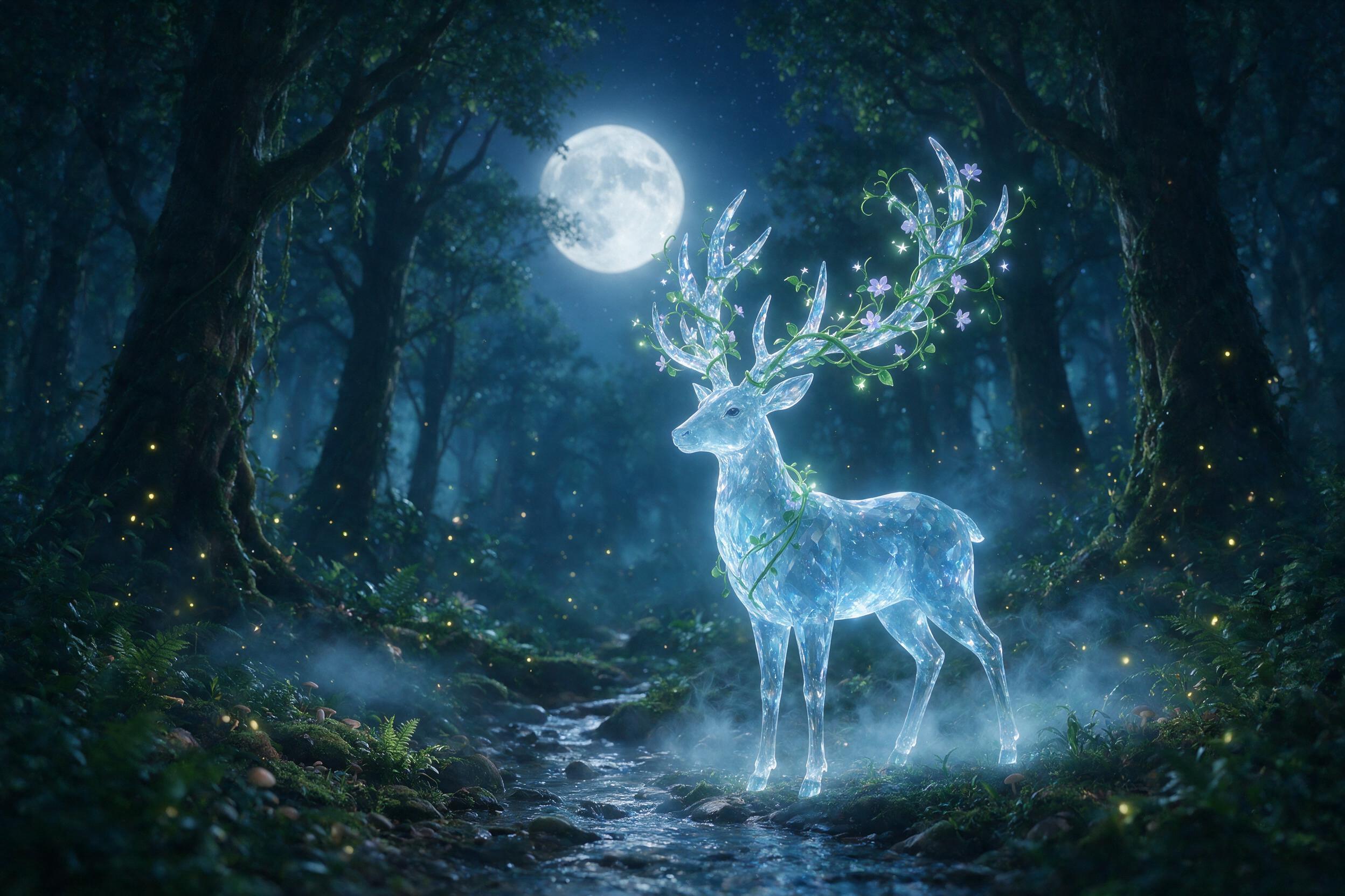 A glowing crystal stag stands in a moonlit forest, antlers entwined with luminescent vines, soft blue mist swirling around its hooves, fireflies dotting the air, shallow depth of field, ethereal atmosphere