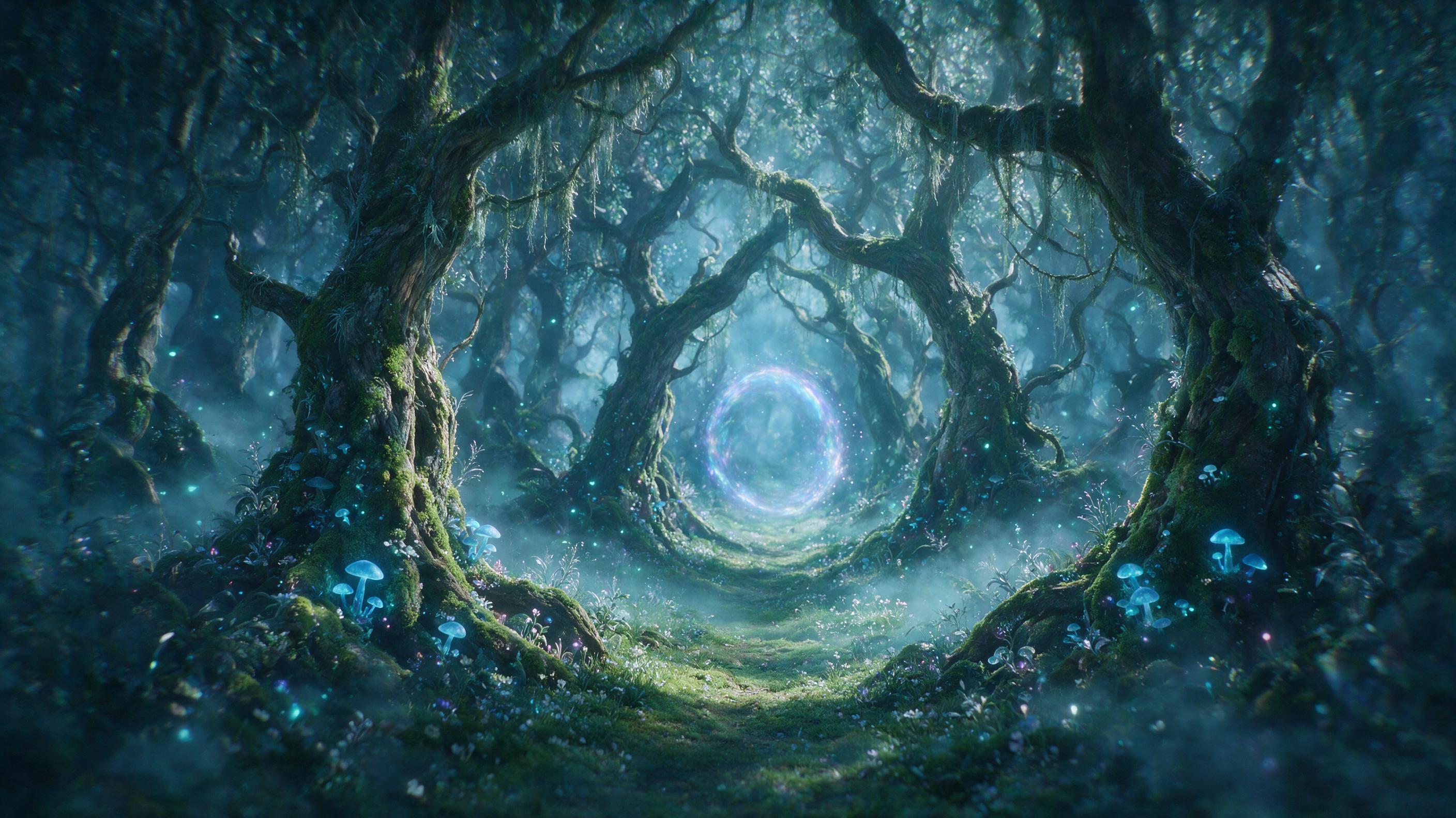 A moonlit enchanted forest, ancient twisted trees with glowing blue mushrooms at their roots, a narrow path of soft moss leading to a distant shimmering portal, fireflies drifting in the air, cool silver and teal palette, misty ground, ethereal atmosphere, slight camera shake for dreamlike feel, no 