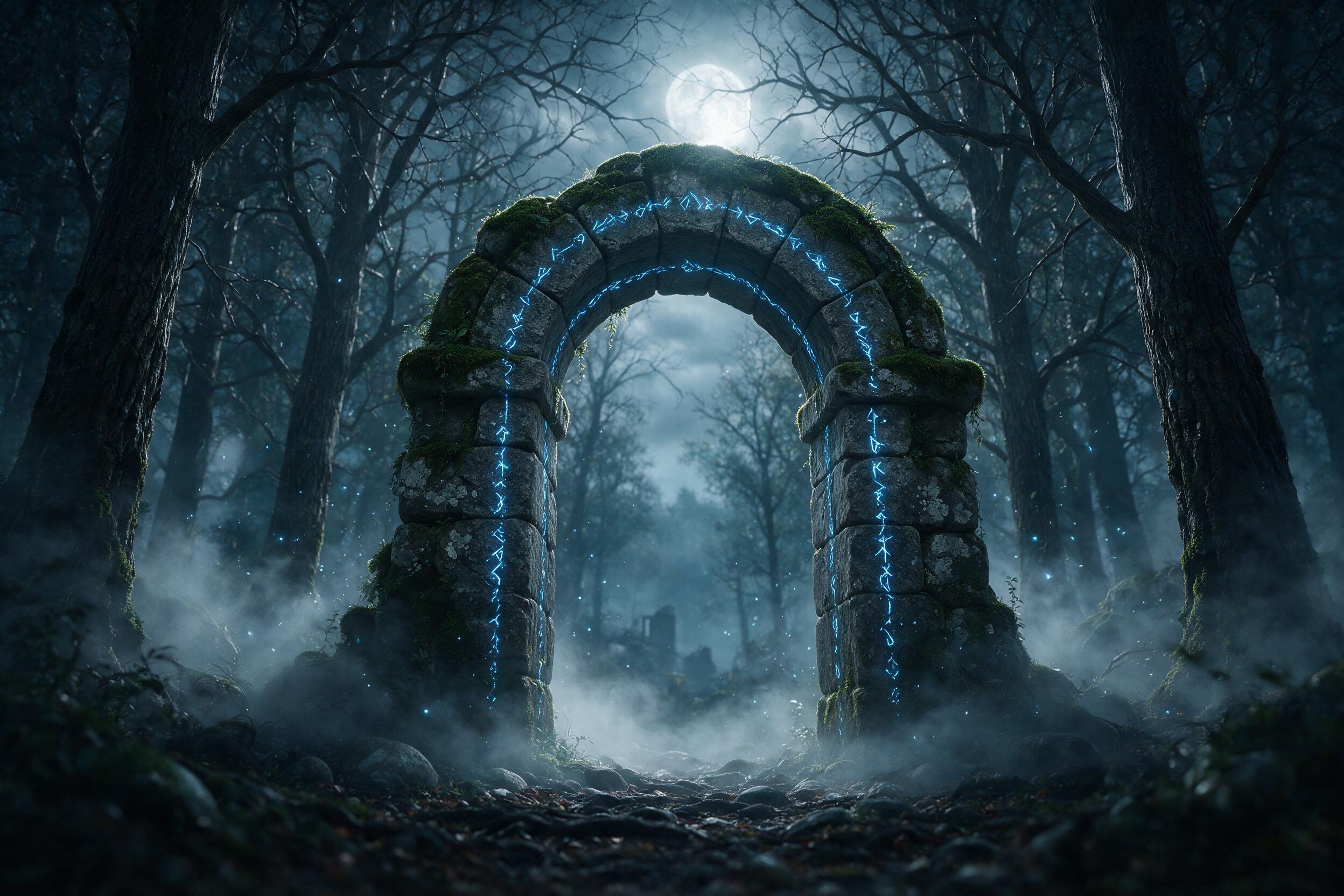 An ancient, moss-covered stone archway stands alone in a misty moonlit forest, glowing blue runes along its edges, ethereal light particles floating, soft fog swirling at the base, cinematic composition with low angle view, cool color palette, moody atmosphere.