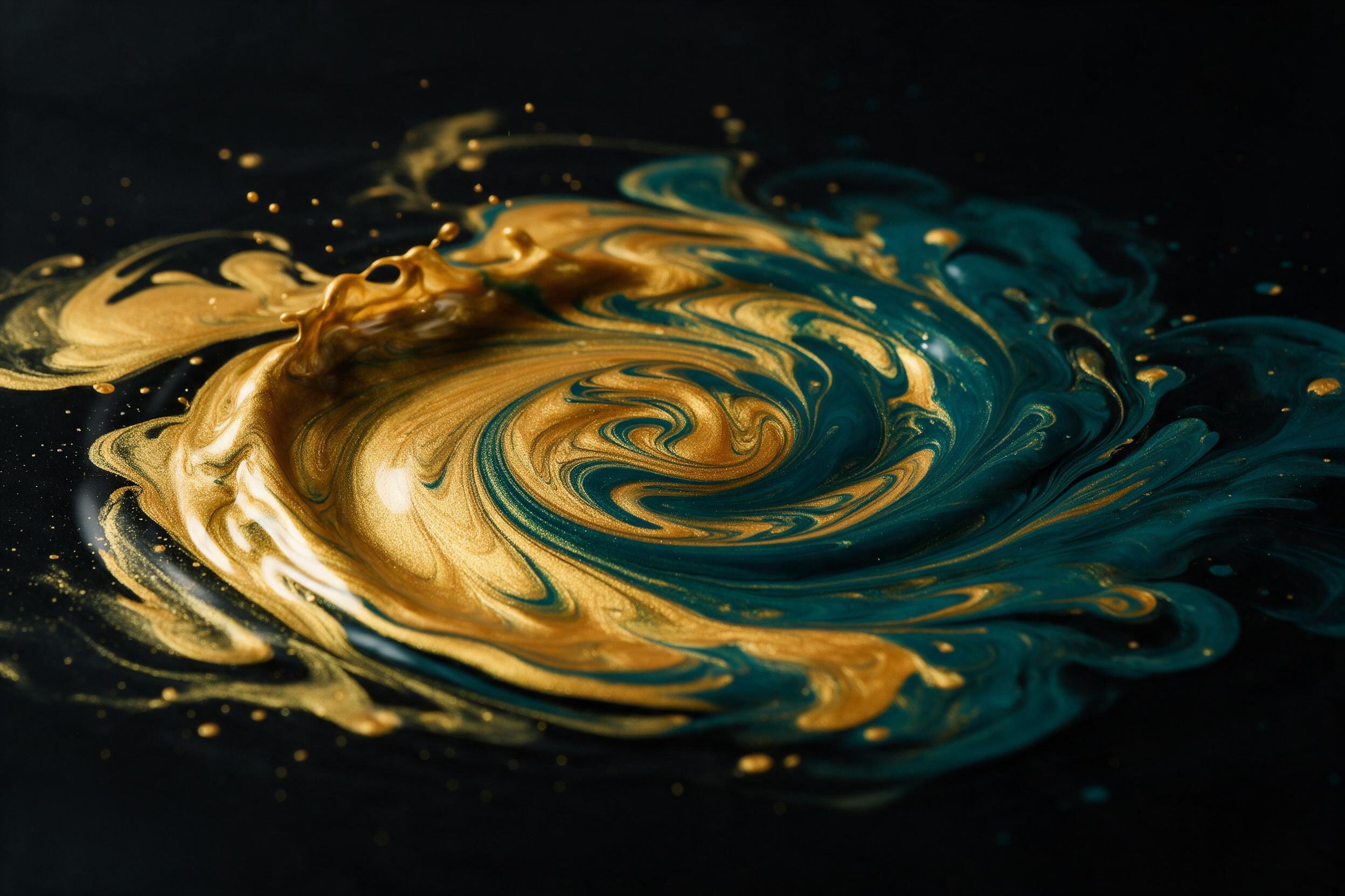 Macro shot of swirling liquid gold and deep teal acrylic paint on black glass, dynamic ripples frozen mid-motion, intricate marble-like veins, studio strobe lighting from the left with subtle reflections, smooth glossy texture, minimalist composition.