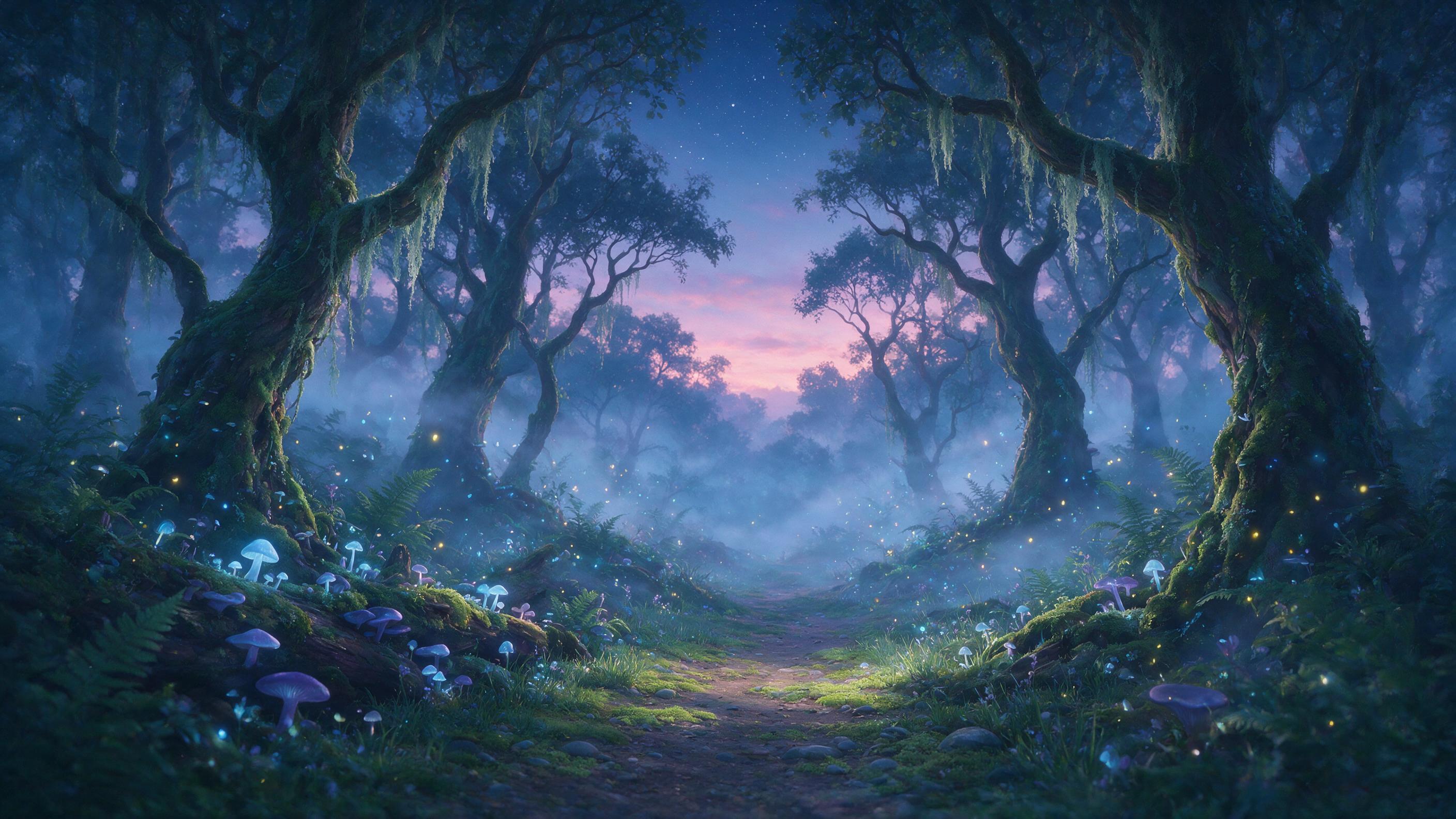 A mystical forest at twilight, with glowing mushrooms and fireflies illuminating a winding path, fog rolling in, ethereal blue and purple hues, painterly style, soft brushstrokes, atmospheric perspective, no harsh shadows.