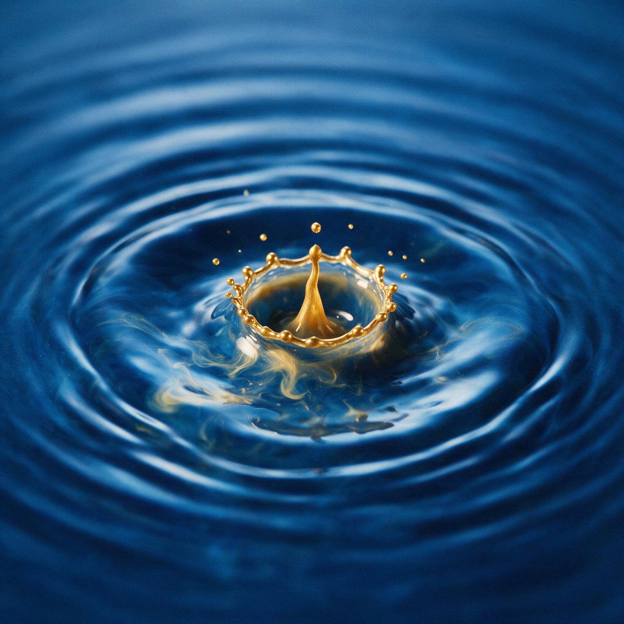 A single droplet of golden ink falling into a pool of deep blue liquid, creating concentric ripples and delicate splashes. Soft, diffused studio lighting from above. Minimalist composition, high contrast, smooth gradients. 35mm macro lens, slight grain, shallow depth of field.