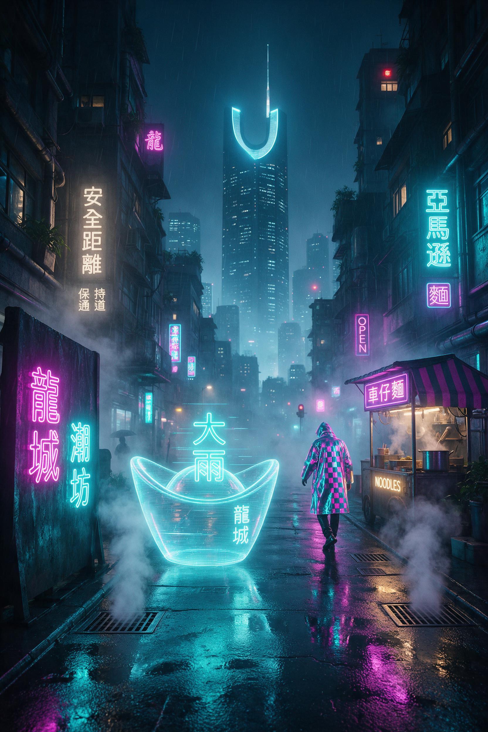 A neon-lit cyberpunk alley in rain, holographic Chinese characters flickering on wet pavement, steam rising from vents, a lone figure in a reflective coat walking past a noodle stand, volumetric fog, cyan and magenta color palette, cinematic composition with leading lines toward a distant towering m