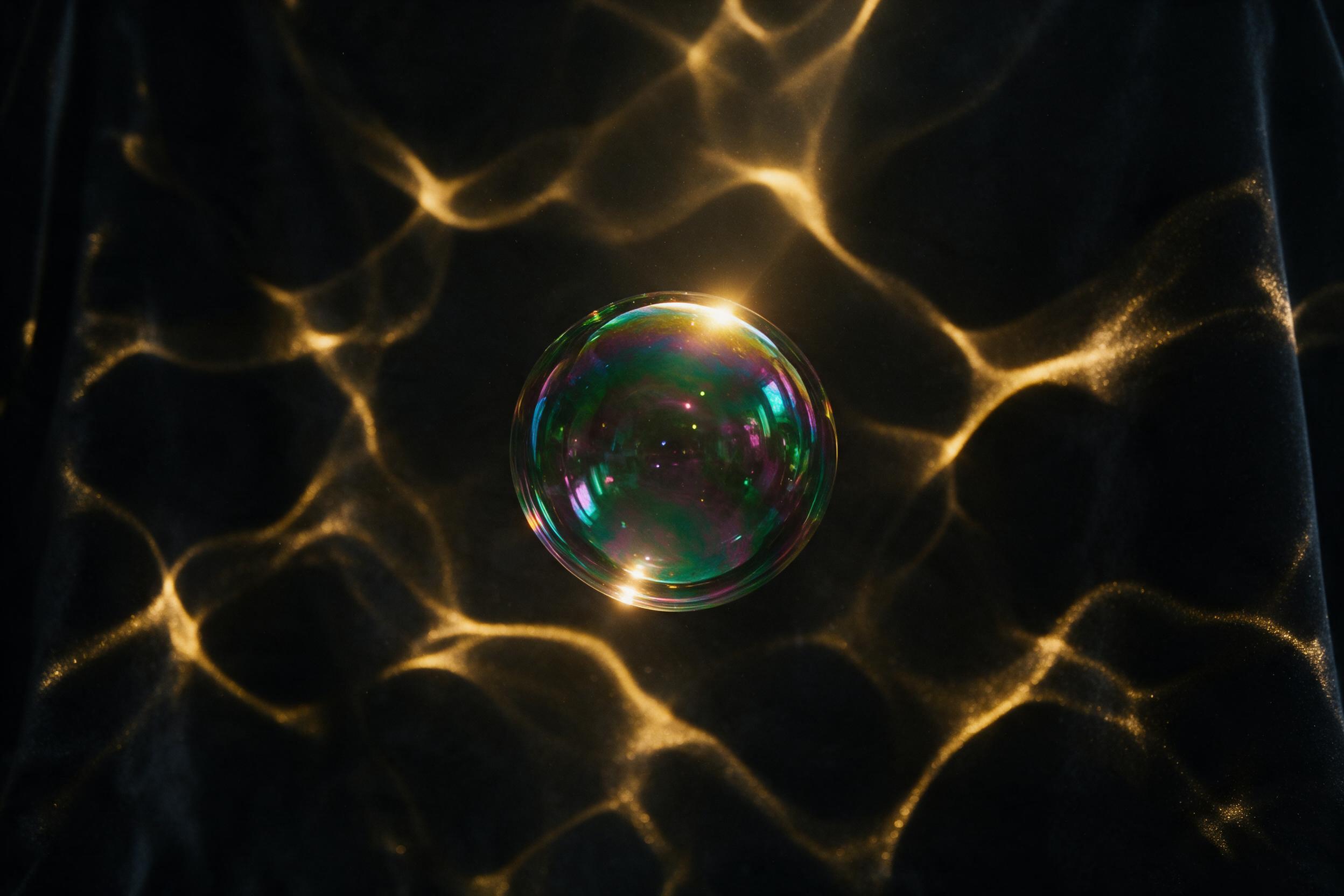 A mesmerizing macro shot of a soap film in mid-air, shimmering with iridescent swirls of emerald, sapphire, and magenta. The delicate curvature of the bubble catches a single beam of golden light, casting soft, dreamlike caustics onto a black velvet backdrop. Slight grain and a hint of atmospheric h