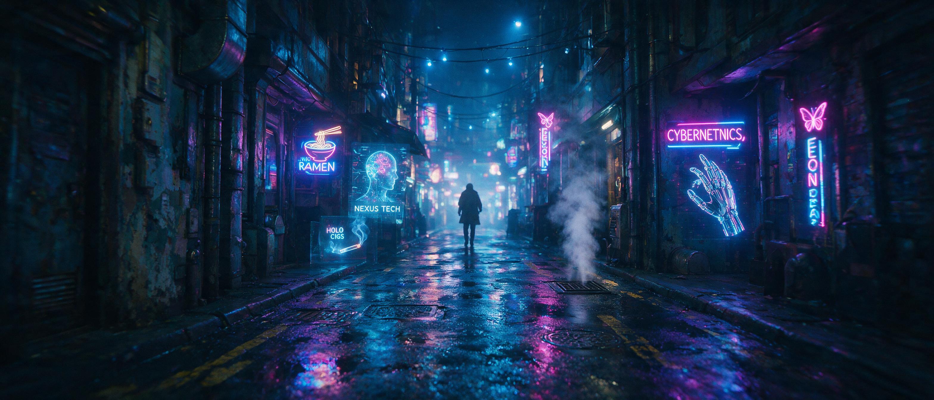 A neon-lit cyberpunk alleyway at night, rain-slicked asphalt reflecting holographic advertisements, a lone figure in a trench coat walks away, steam rising from a vent, shallow depth of field, cinematic lighting with blue and magenta tones, slight grain, slight camera shake