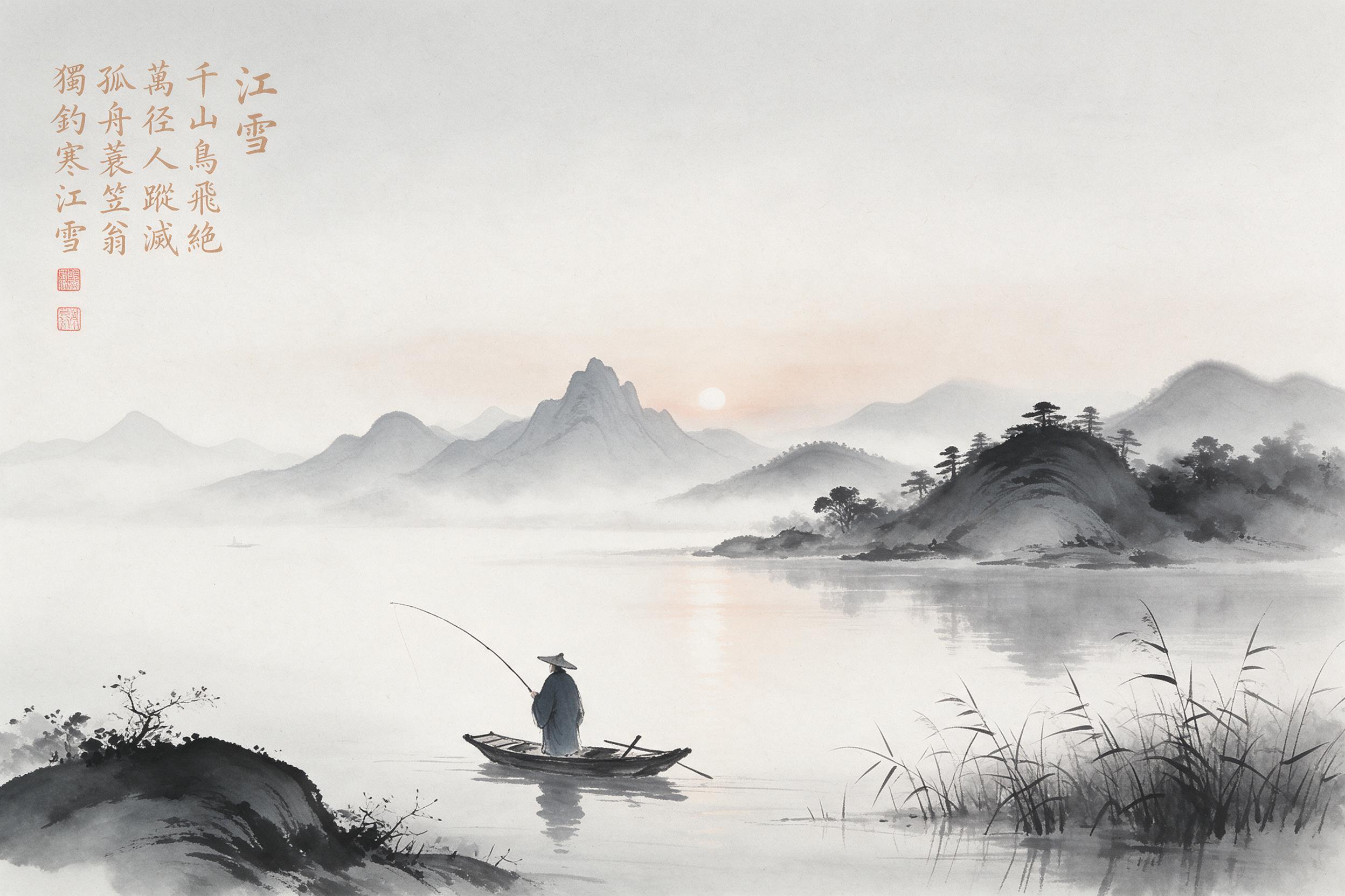 A Chinese ink wash painting of a lone fisherman on a misty river at dawn, with distant rolling hills fading into layered mountains. Soft brush strokes, wet-on-wet effect, subtle grey and black tones with hints of warm sepia light. Minimal composition, negative space conveying tranquility.