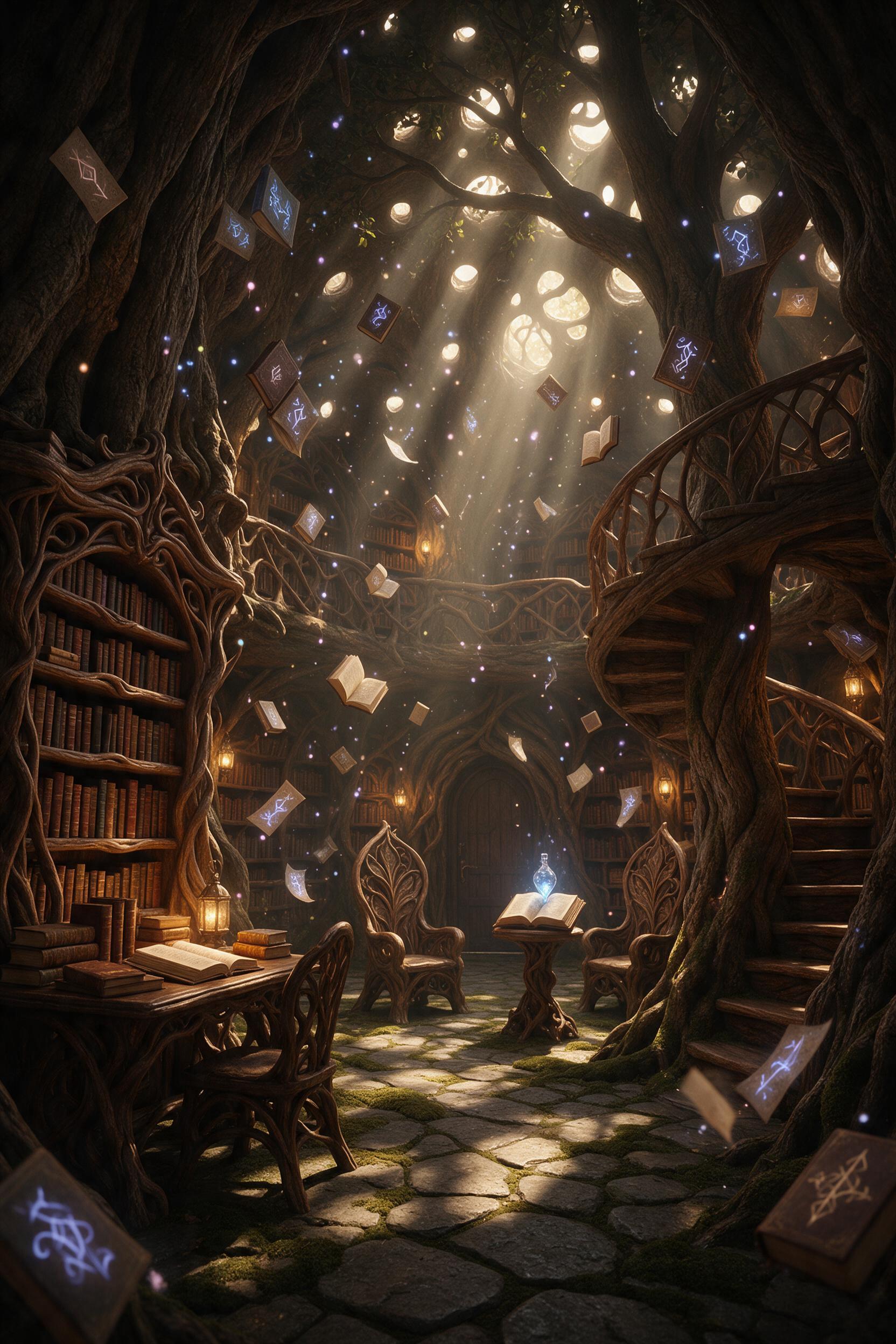An ancient, glowing library hidden within a massive hollow tree. Floating books with shifting runes orbit ornate shelves carved from twisted roots. Bioluminescent spores drift in the air. Soft, warm light leaks through knotholes, casting dappled shadows on mossy stone floors. A winding staircase spi