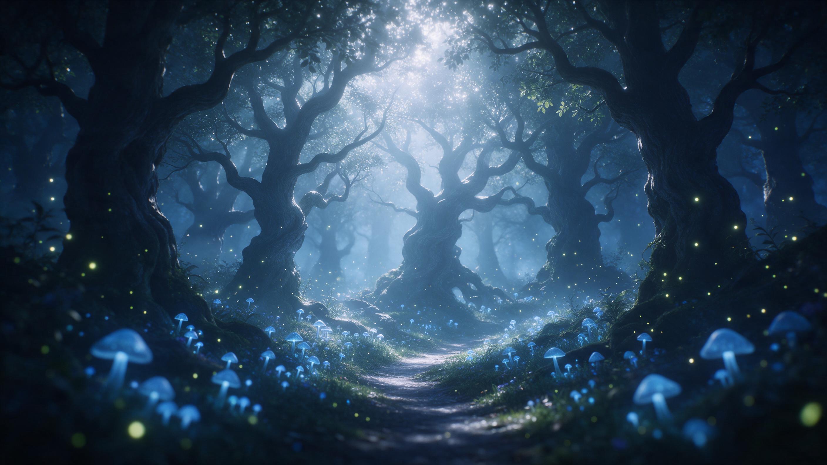 A moonlit enchanted forest with glowing blue mushrooms and a winding path, fireflies drifting in soft mist, ancient twisted trees, ethereal silver light filtering through canopy, shallow depth of field, dreamy atmosphere