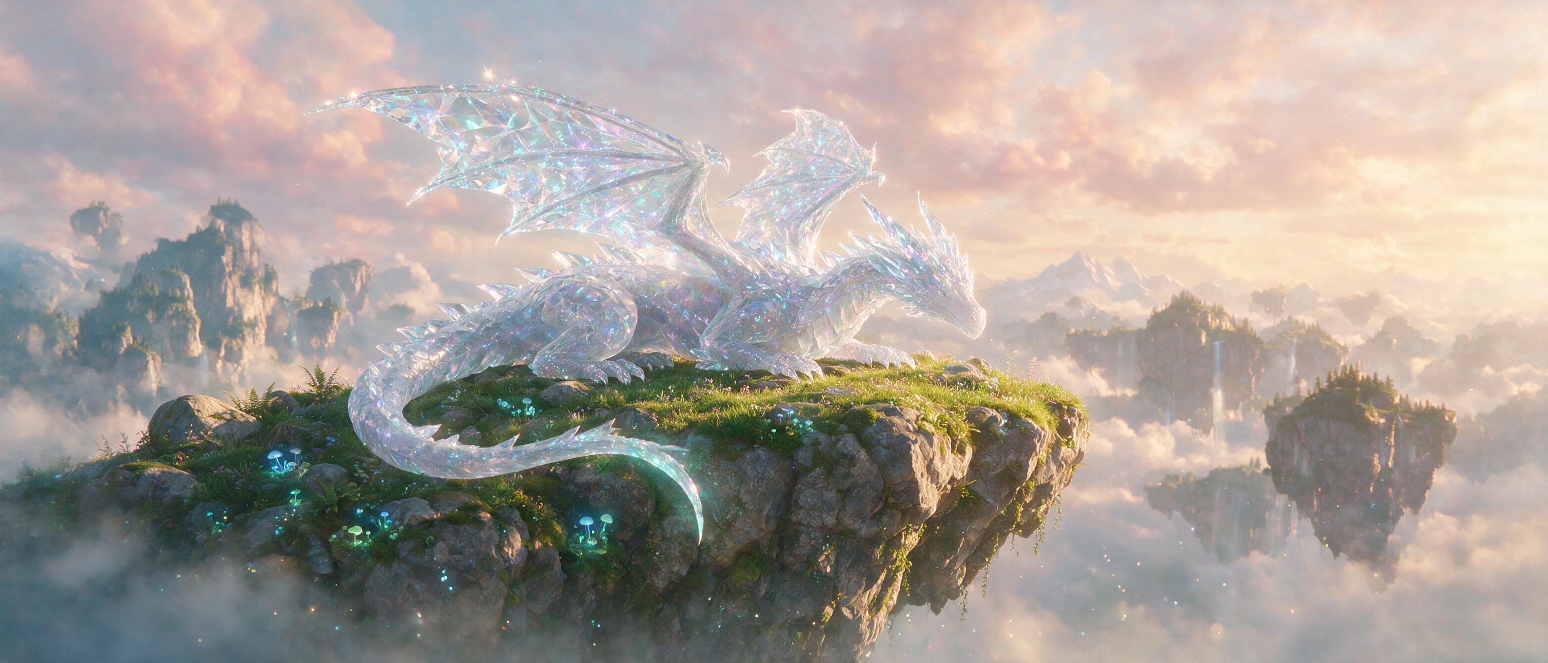 A glowing, translucent dragon with crystalline wings rests on a floating island, bioluminescent fungi and moss clinging to the rocks, misty abyss below, soft golden hour light filtering through clouds, ethereal atmosphere, cinematic composition.