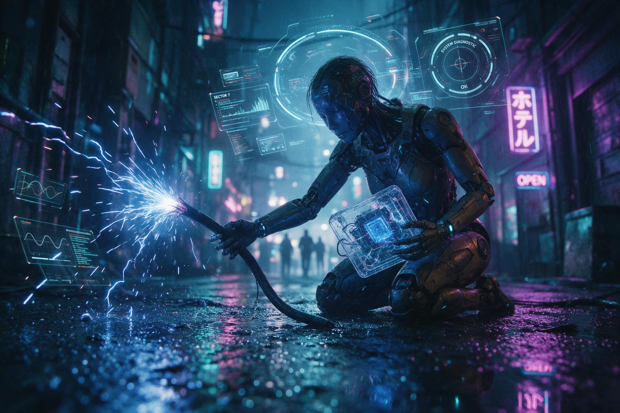 A derelict android technician kneels amid glowing sapphire circuitry in a rain-slicked neon alley, sparks cascading from a severed cable, holographic gauges flicker overhead, shallow depth of field, cool cyan and magenta palette, subtle film grain, low-angle composition
