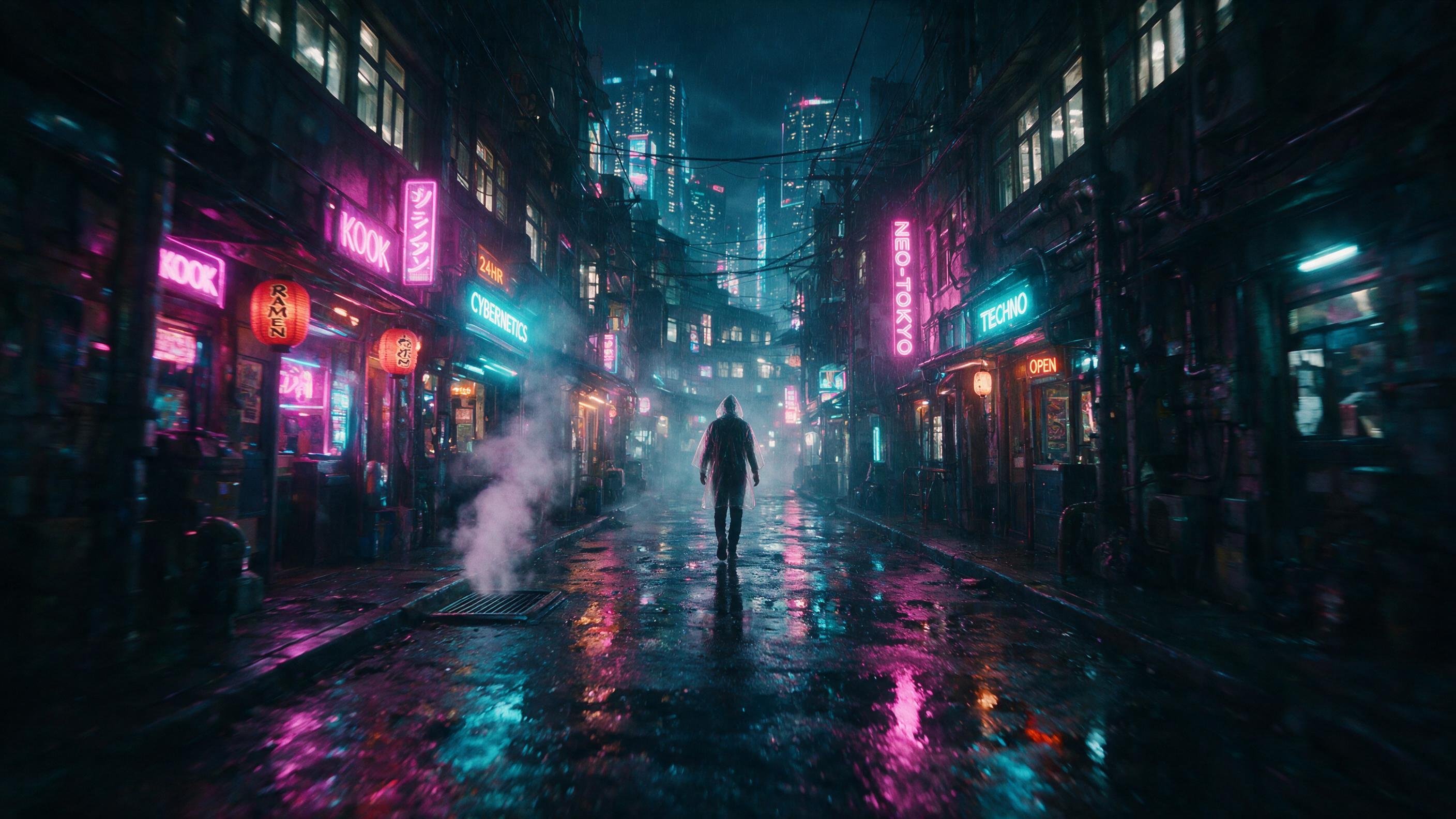 A dark cyberpunk alley at night, rain-slicked pavement reflecting neon pink and cyan signs, steam rising from a vent, a lone figure in a translucent hooded coat walking away, motion blur from slight camera shake, shallow depth of field.
