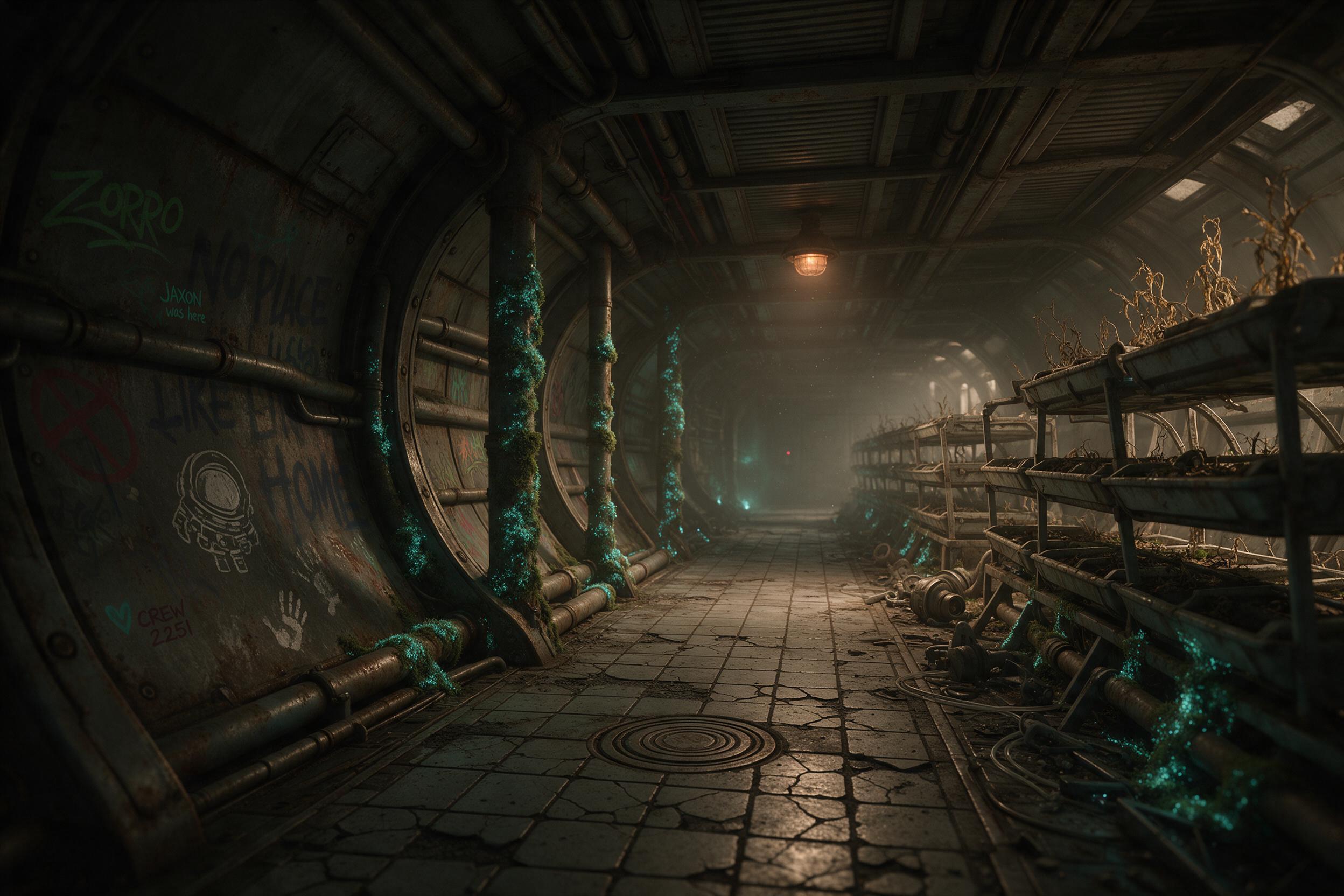 Abandoned hydroponic farm inside a derelict space station, bioluminescent moss glowing teal along broken pipes, astronauts' graffiti on rusted walls, single muted ceiling light casting soft shadows, dust particles floating in still air, cinematic composition with vanishing point down the central ais