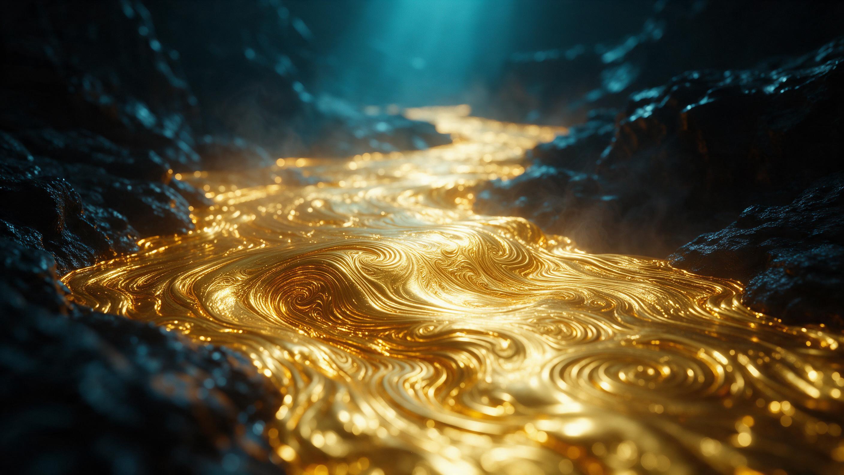 A flowing river of molten gold meandering through a dark obsidian canyon, illuminated by a single beam of cyan light from above. The liquid metal creates intricate fractal patterns as it cools, with soft steam rising. Macro perspective, sharp focus on the swirling textures, shallow depth of field bl