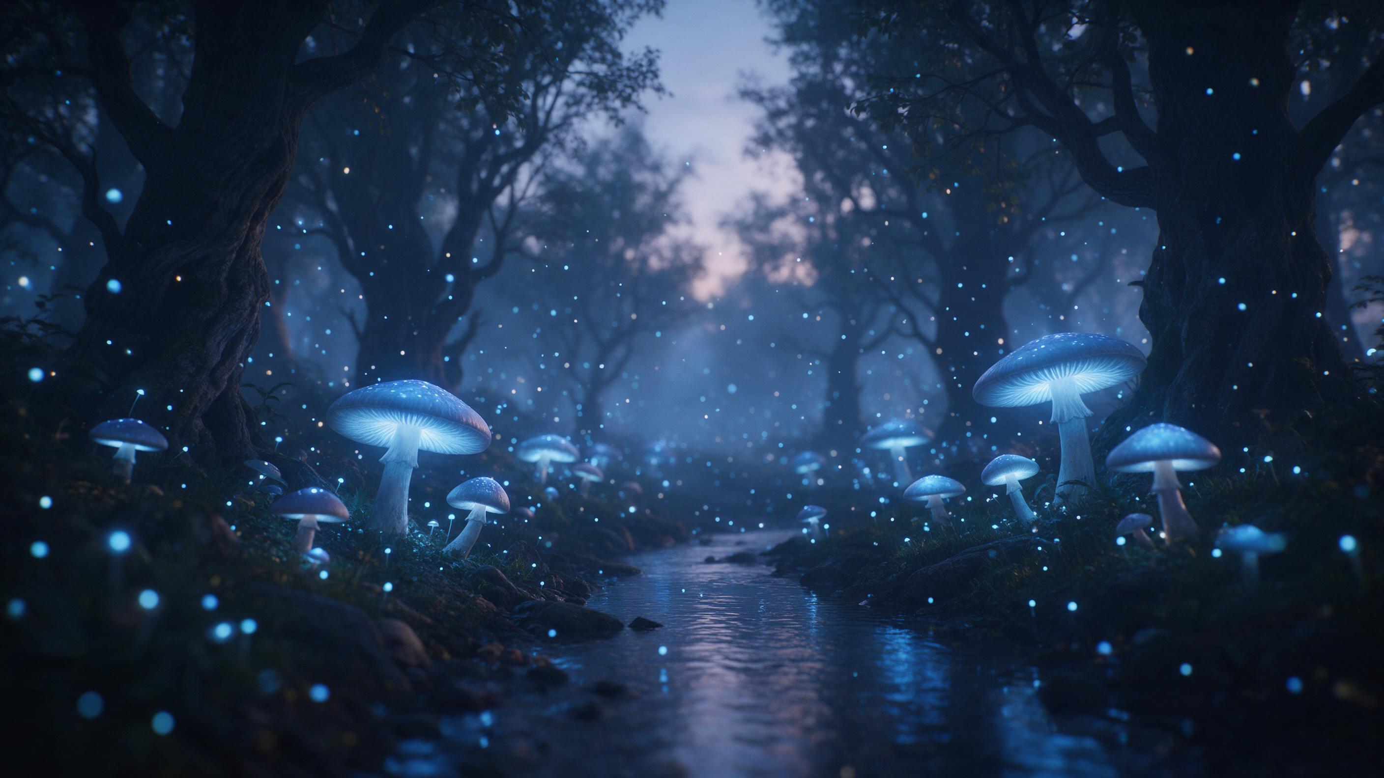 A misty twilight forest with giant glowing mushrooms, their caps emitting soft blue light, floating spores like fireflies, winding brook reflecting the light, ancient twisted trees, ethereal atmosphere, shallow depth of field, cinematic lighting.
