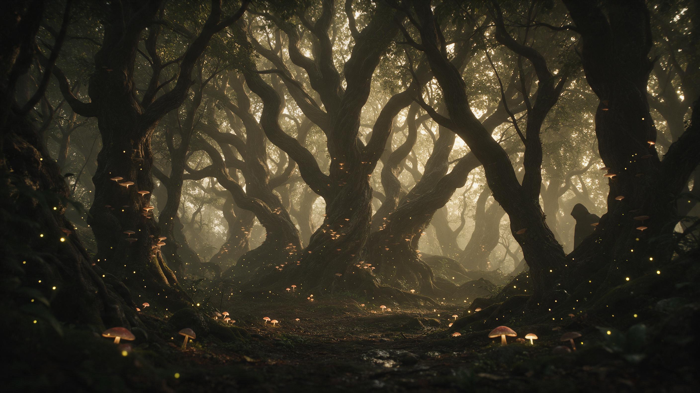 Ancient forest glade, massive twisted trees with glowing bioluminescent mushrooms, a misty golden hour light filters through dense canopy, fireflies drift, a silhouette of a hooded figure watches from behind trees, damp earthy tones, rich detail, cinematic depth.