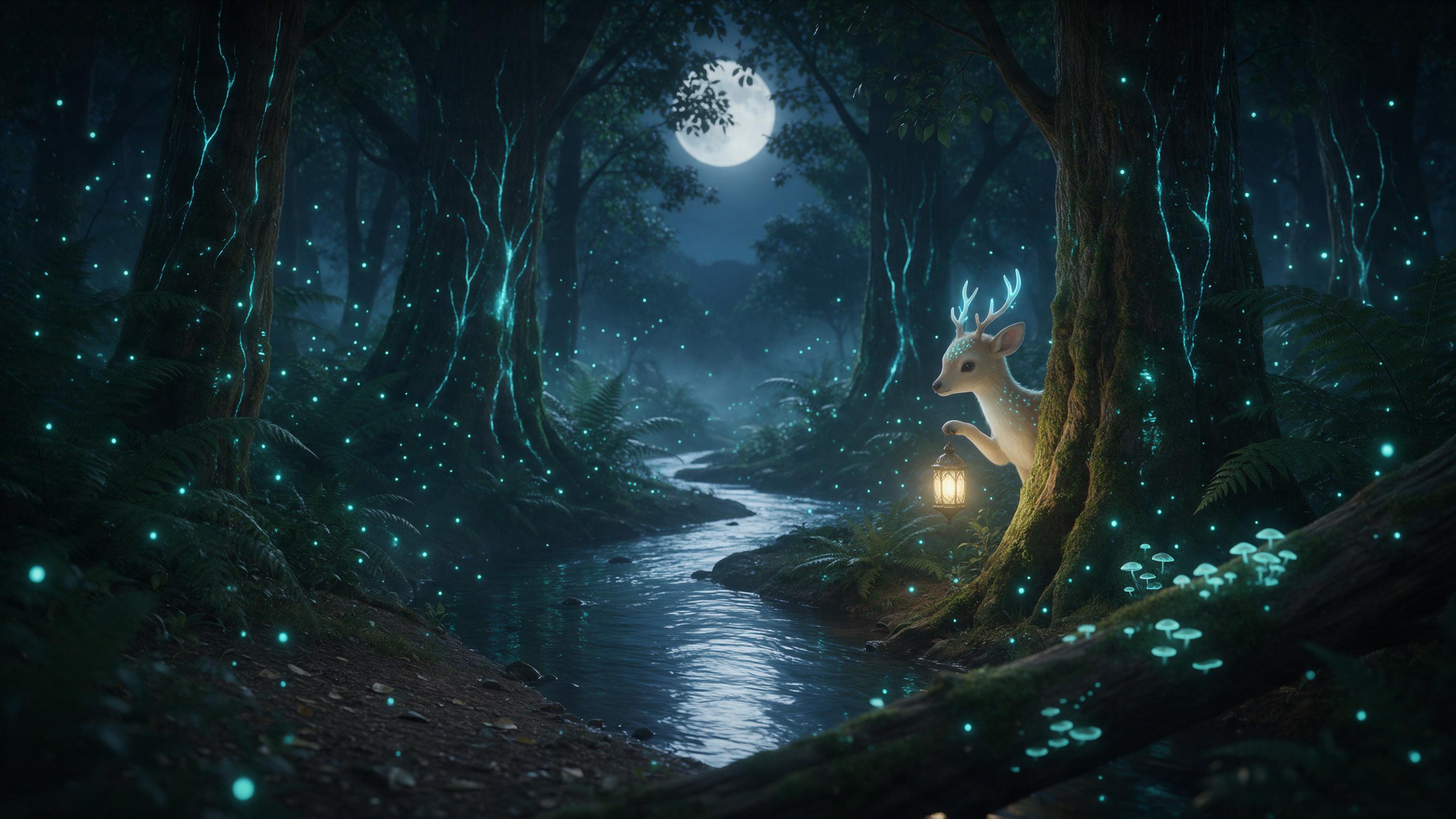 A moonlit bioluminescent forest, towering ancient trees with glowing blue veins, teal fireflies swirling between giant ferns, a winding stream reflecting soft cyan light, low mist, a small lantern-carrying deer spirit peeking from behind a mossy trunk, ethereal atmosphere, cinematic composition, nat
