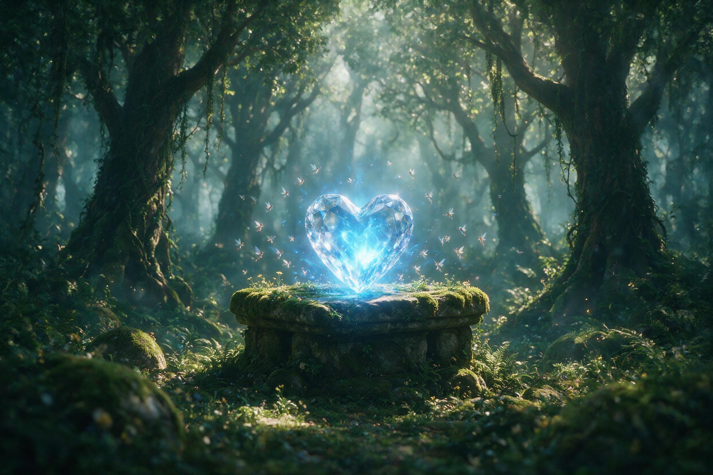 A glowing crystal heart rests on a mossy stone altar in a misty forest, ethereal blue light spills from its core, tiny winged fairies dance around, soft dappled sunlight filters through ancient trees, shallow depth of field, cinematic composition