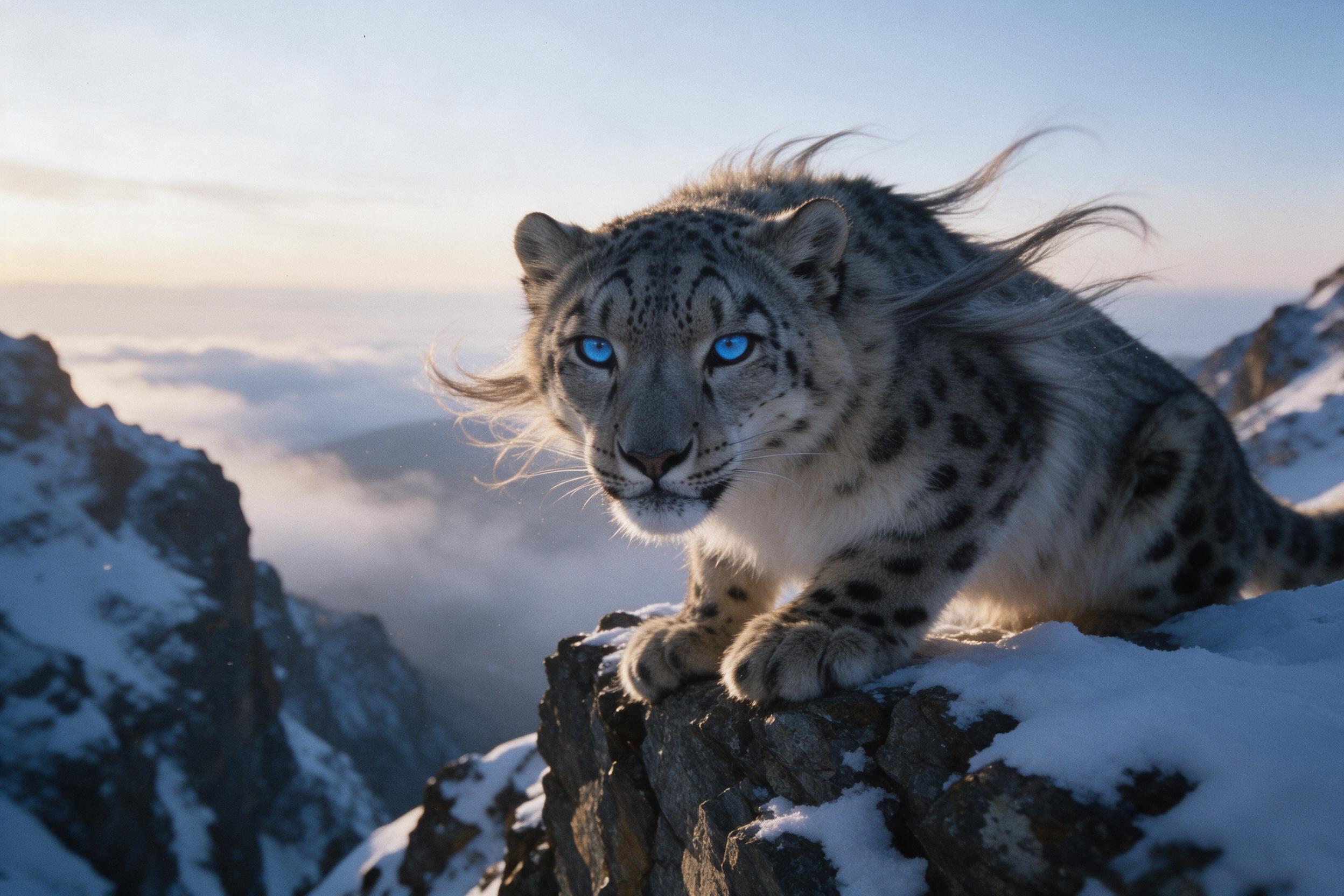 A snow leopard perched on a craggy Himalayan cliff at dawn, piercing blue eyes catching the first light, fur rippling in the wind, snow-dusted rocks and misty valley below, telephoto lens compression, soft golden hour glow with cool shadows, slight grain.