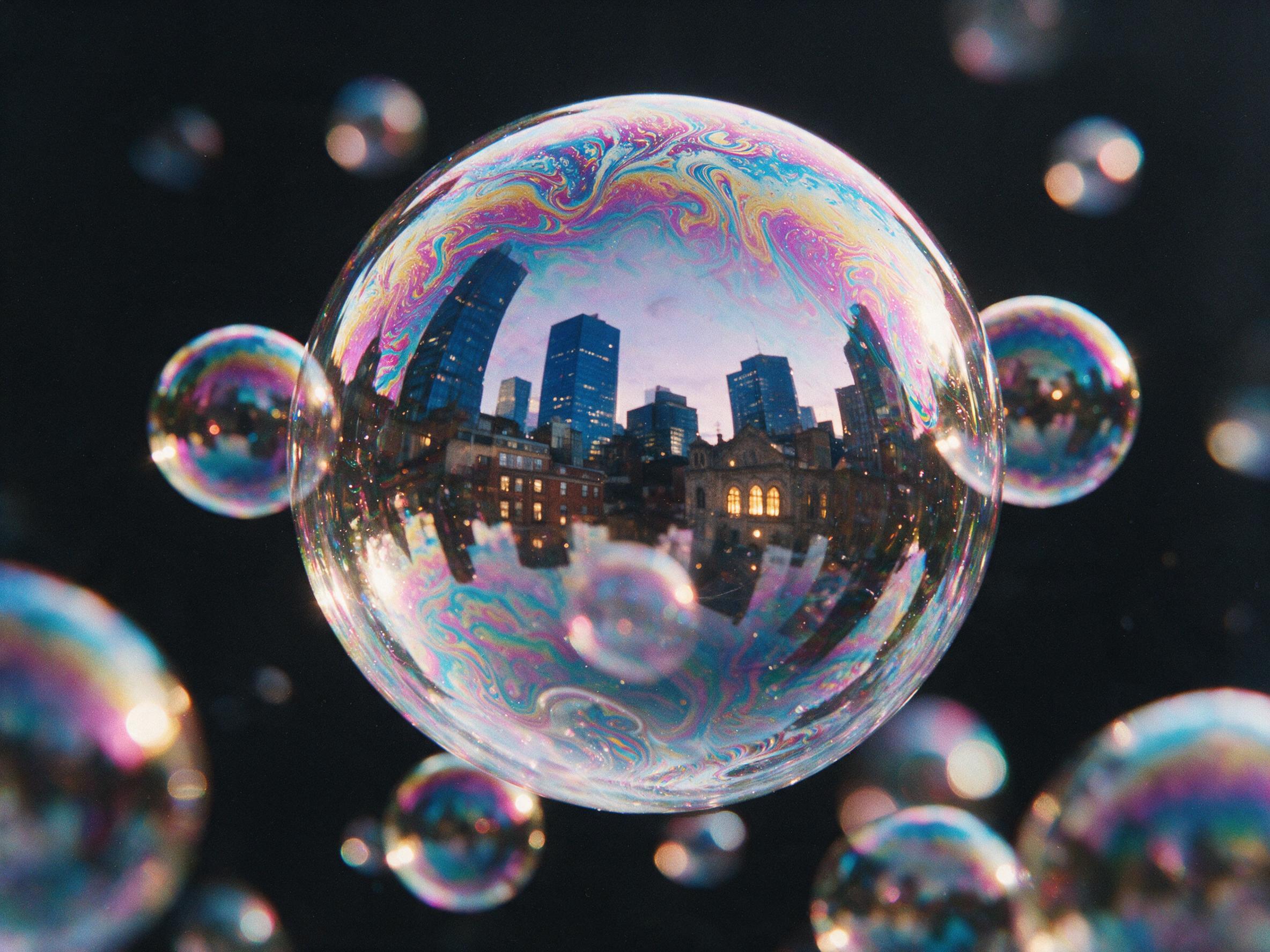 A close-up of iridescent soap bubbles floating in mid-air, with soft, defocused highlights and a deep black background. The thin film shows swirling patterns of magenta, cyan, and gold, reflecting a distorted cityscape. Natural window light, slight grain, shallow depth of field.