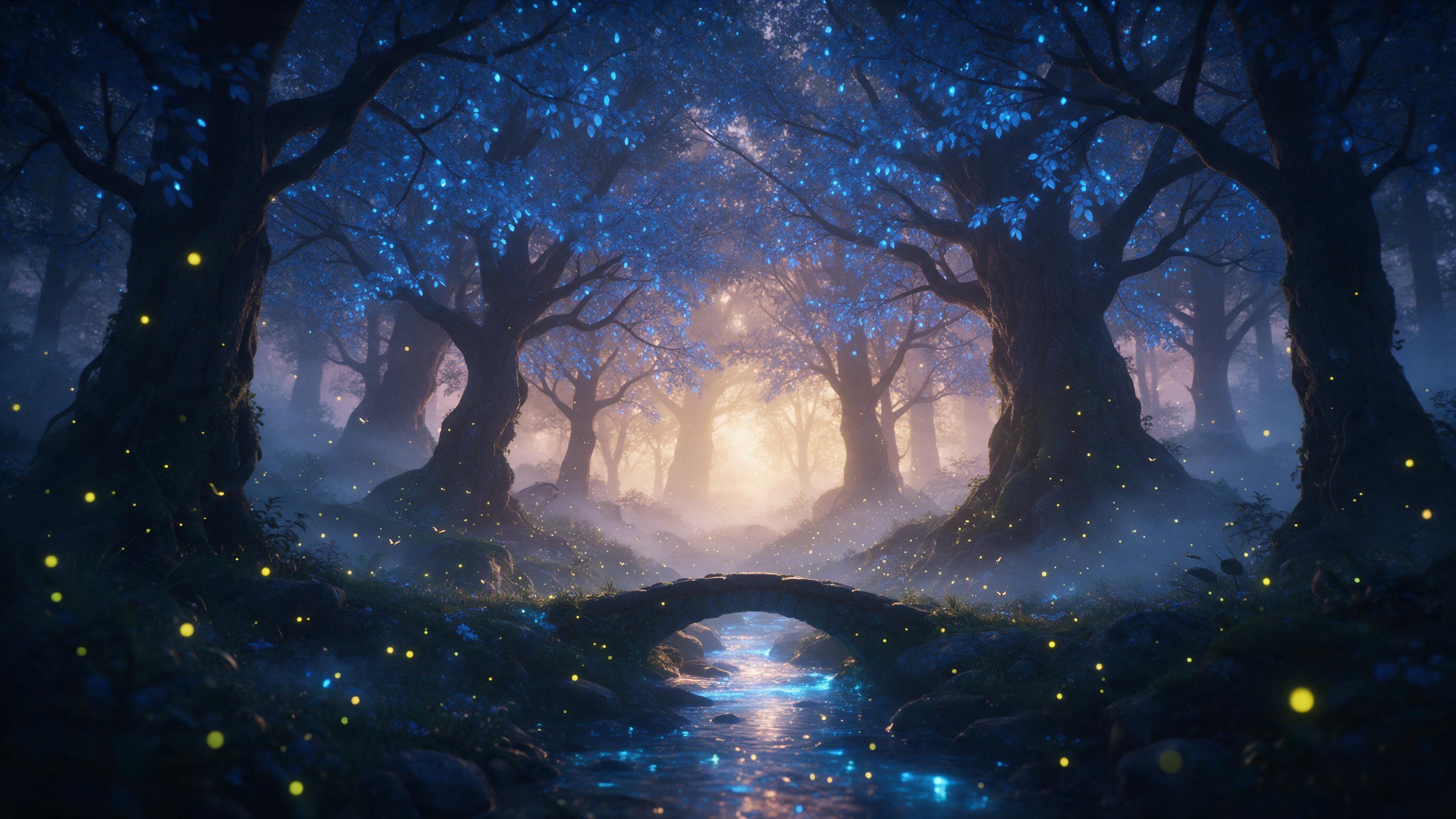 A mystical forest at twilight, ancient trees with glowing blue leaves, a small stone bridge over a luminous stream, fireflies dancing in the air, soft mist, warm golden light from the depths, cinematic composition, ethereal atmosphere