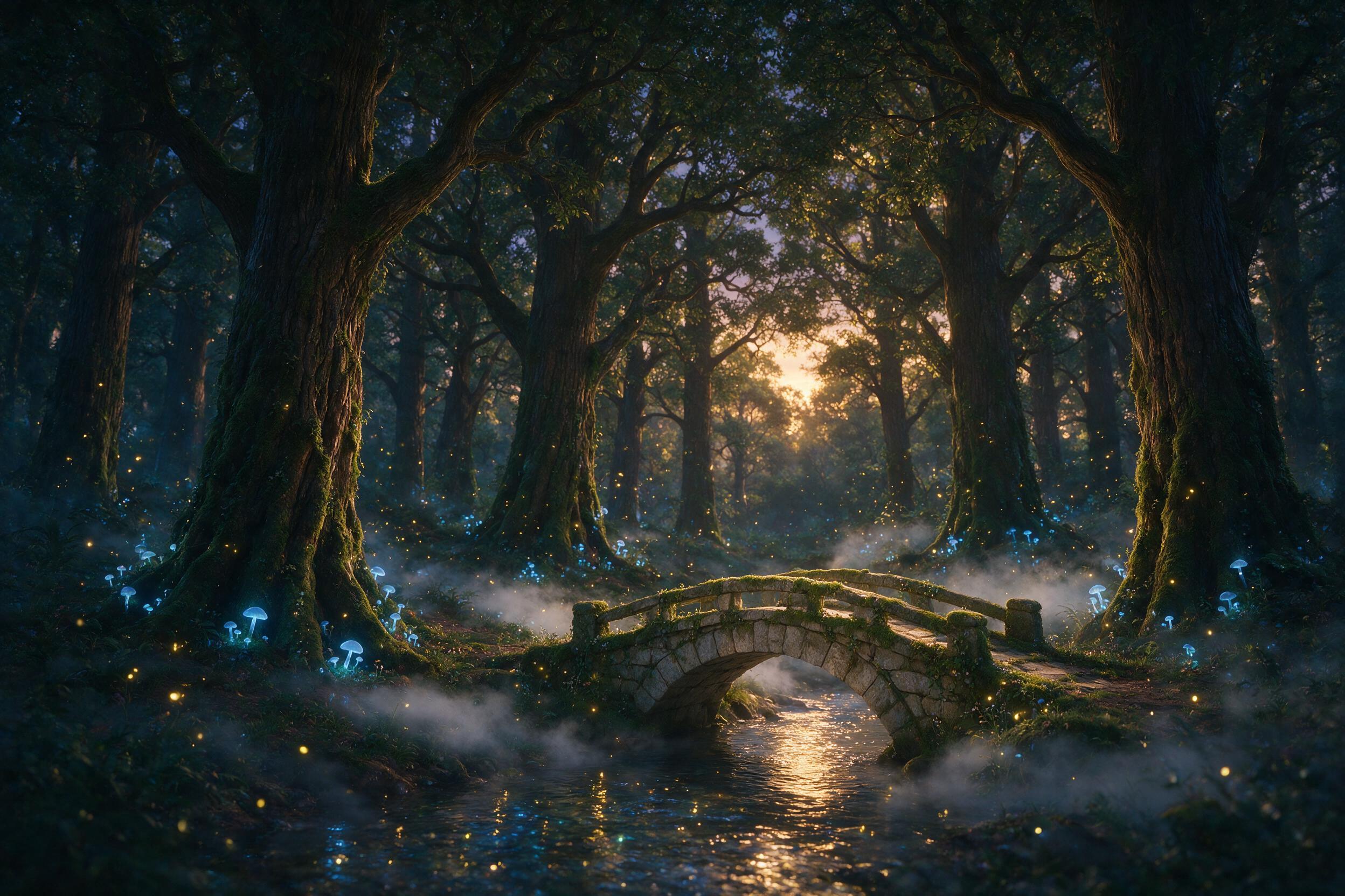A mystical forest at twilight, towering ancient trees with glowing blue mushrooms at their roots, fireflies floating in the air, soft mist hugging the ground, dappled sunlight filtering through the canopy, a small stone bridge crossing a shimmering creek, ethereal and dreamy atmosphere, natural ligh