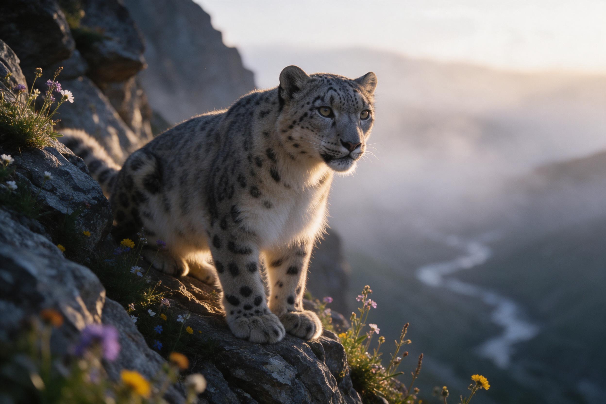 A majestic snow leopard perched on a rocky cliff at dawn, its fur softly glowing in golden light, misty valley below, alpine wildflowers scattered, subtle grain, natural lighting, medium shot with telephoto compression, shallow depth of field, quiet and alert mood.