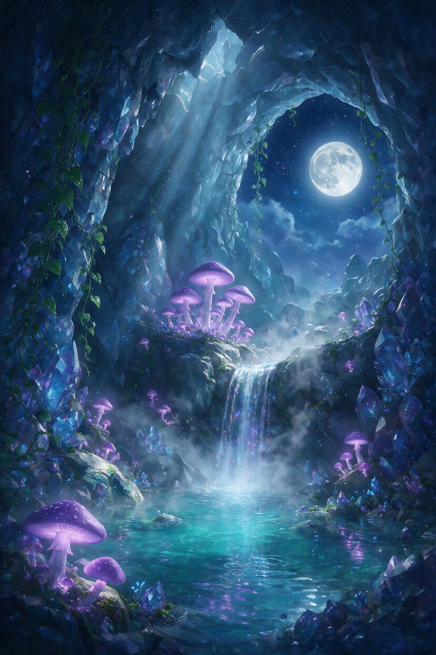 A moonlit crystal cavern with glowing purple mushrooms, a small waterfall cascading into a turquoise pool, mist rising, ethereal light rays filtering through cracks above, lush green vines climbing the walls, fantasy illustration style with soft dreamy atmosphere, no people or creatures, tranquil an