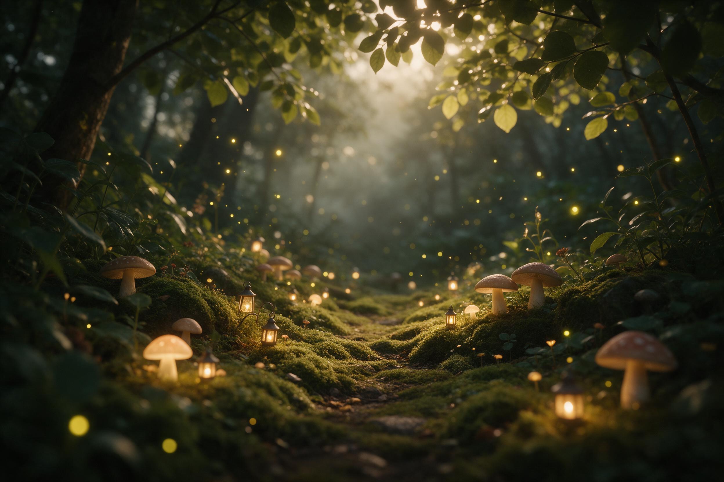 A hidden fairy garden at dusk, glowing mushrooms and tiny lanterns along a mossy path, fireflies in the air, misty forest backdrop, soft golden light filtering through leaves, shallow depth of field, muted green and amber tones